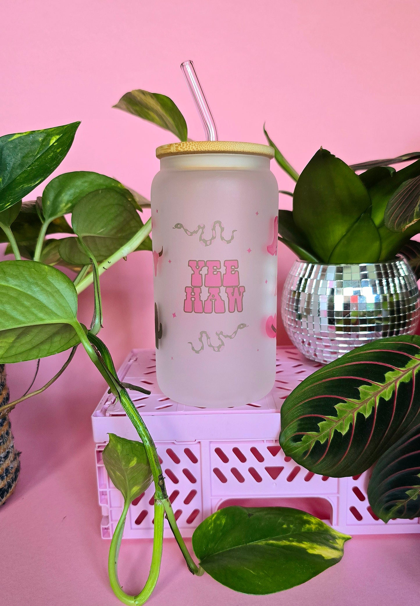 Pink & Green Western Glass Tumbler With Bamboo Lid and Straw