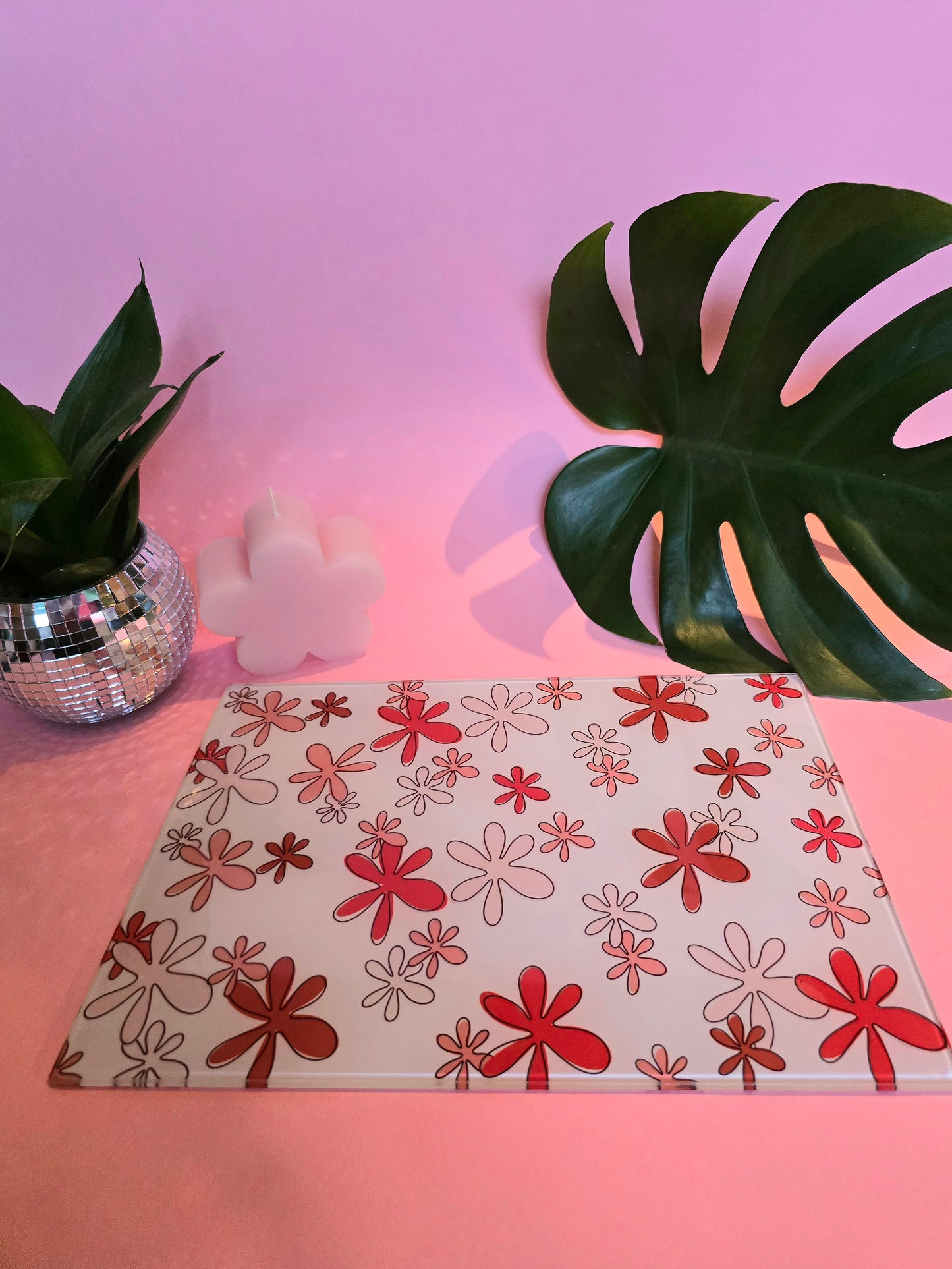 Retro Orange Flowers Glass Chopping Board