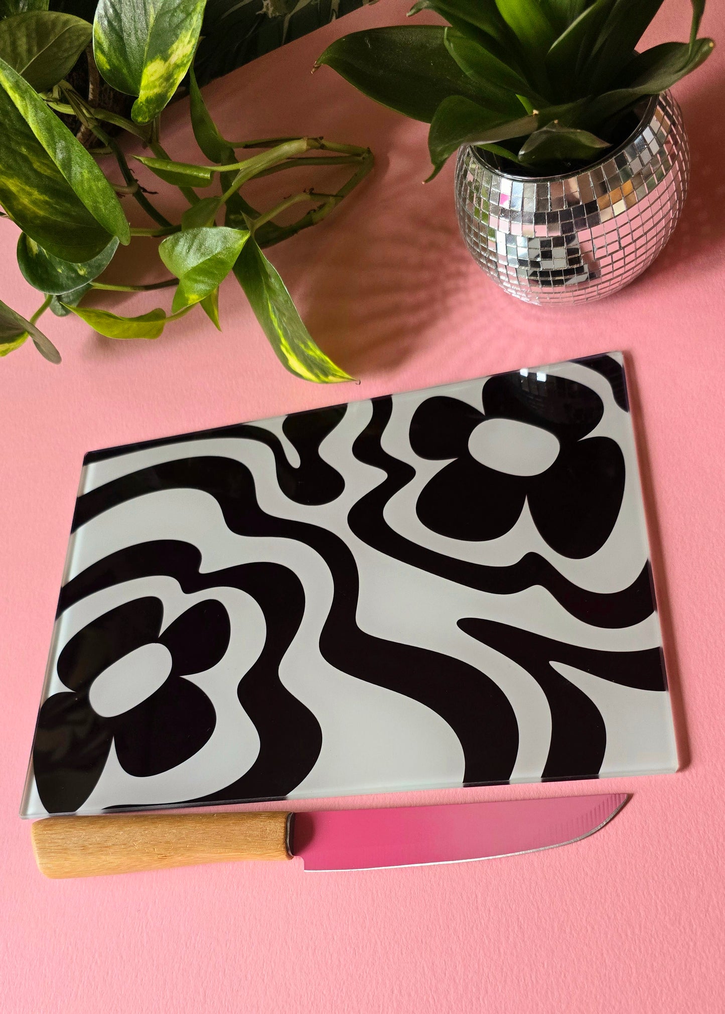 Monochrome Funky Vibey Glass Chopping Board