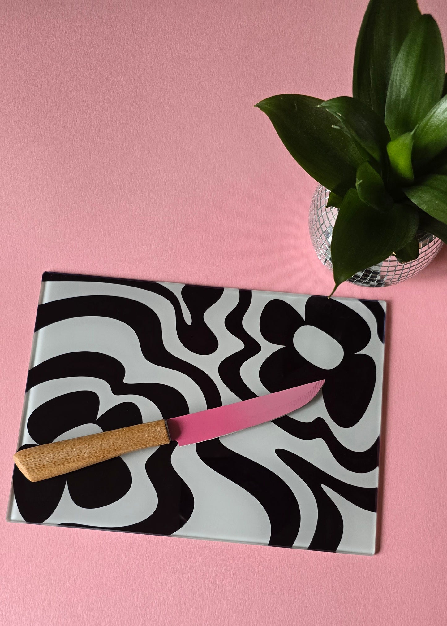 Monochrome Funky Vibey Glass Chopping Board