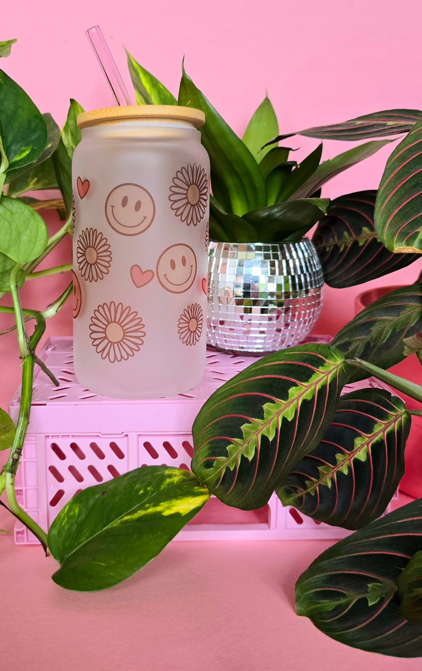 Smileys & Flowers | 16oz glass can tumbler