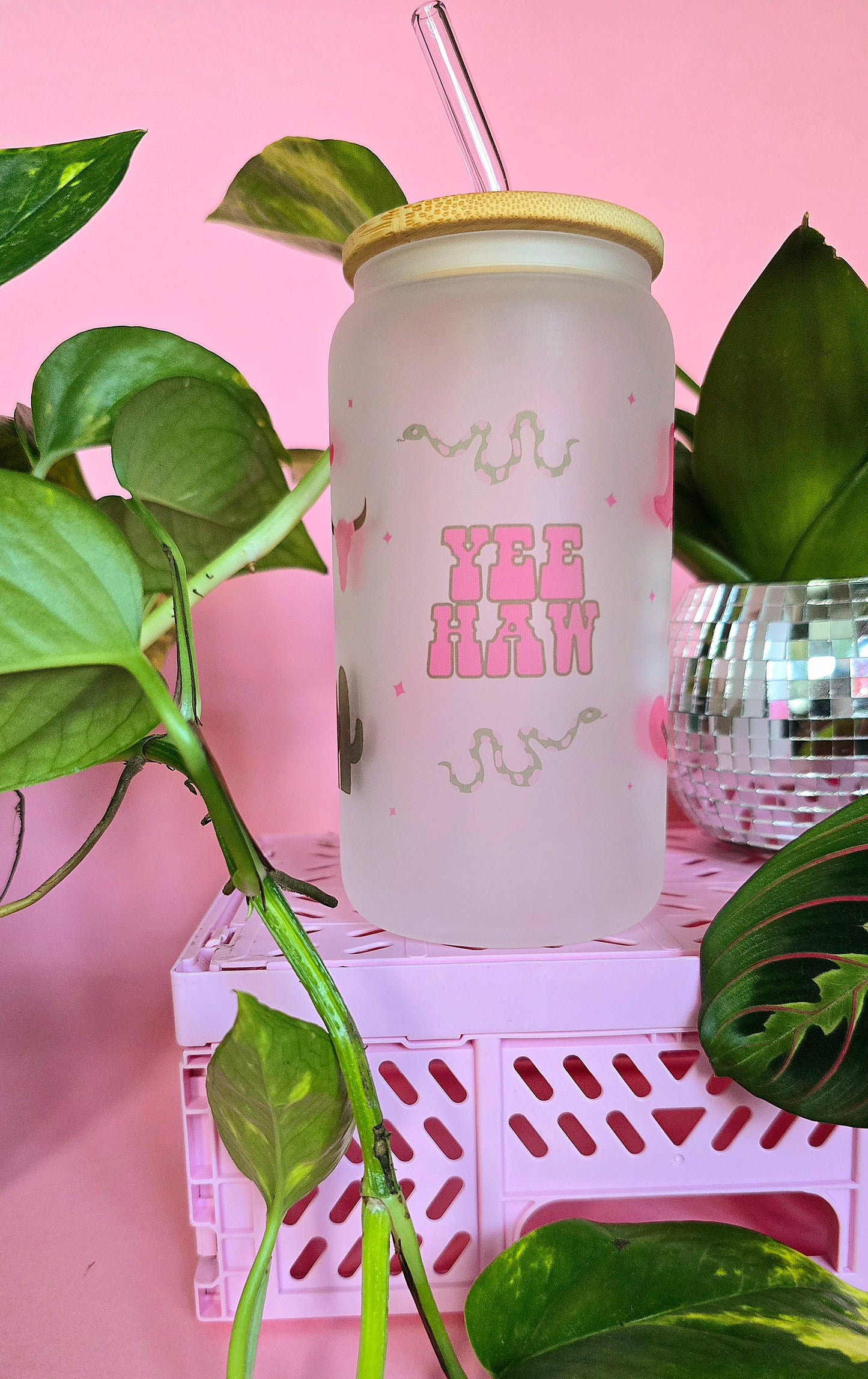 Pink & Green Western Glass Tumbler With Bamboo Lid and Straw