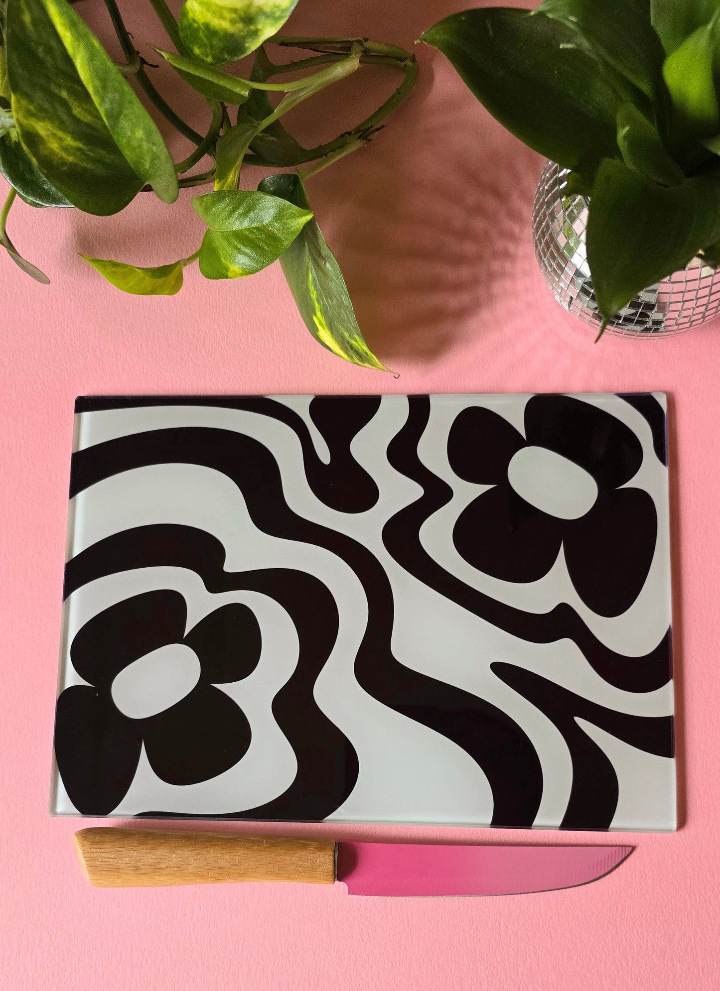 Monochrome Funky Vibey Glass Chopping Board