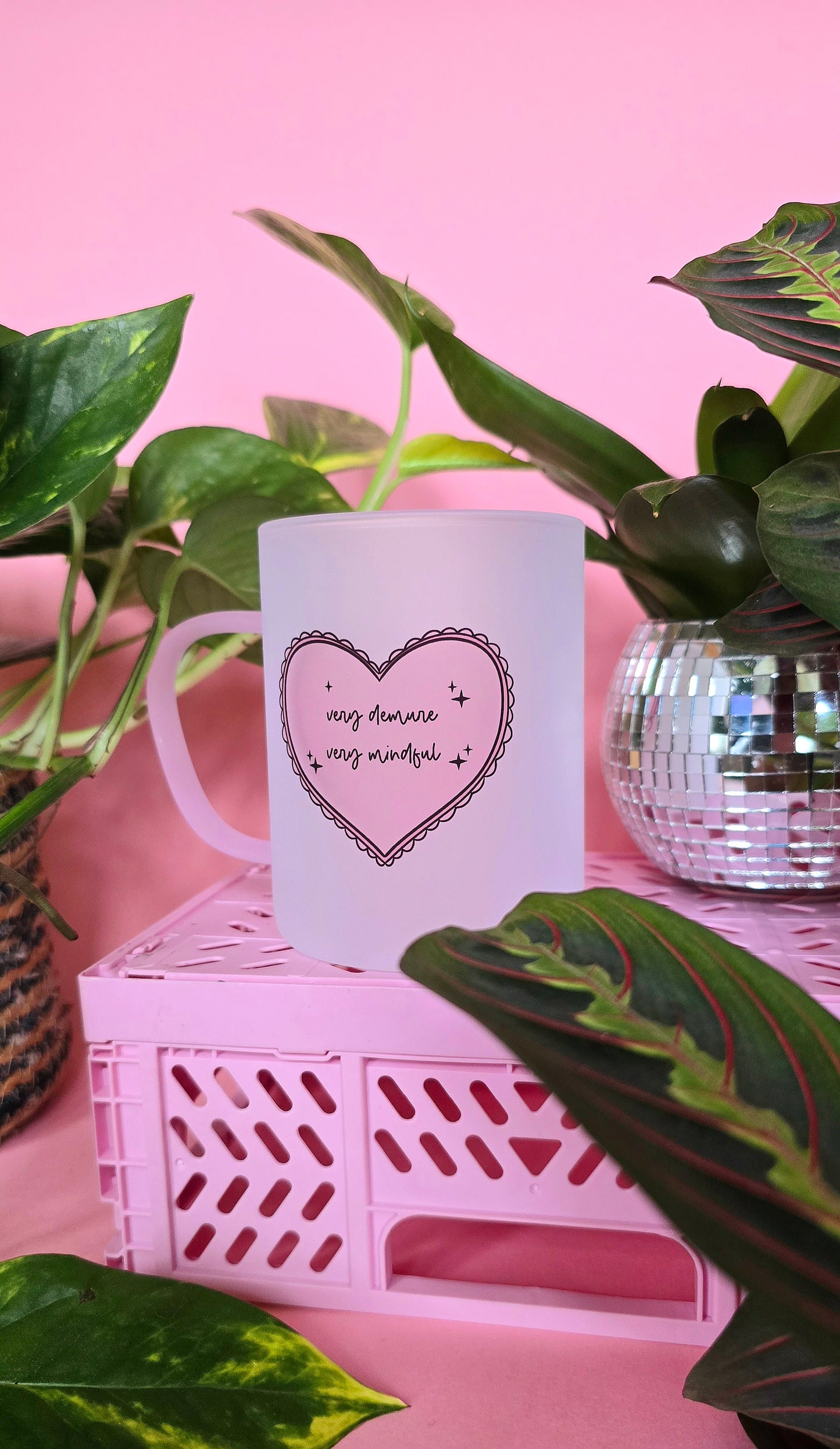 Very Demure Very Mindful | Pink Handled Frosted Glass Mug