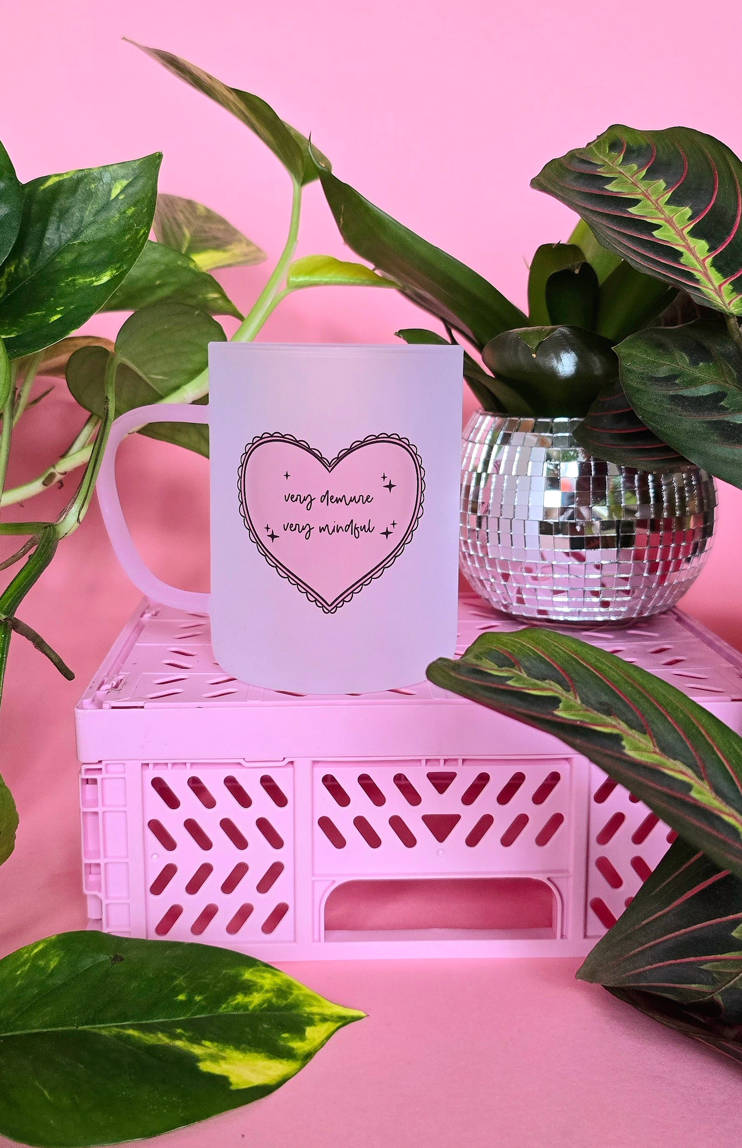 Very Demure Very Mindful | Pink Handled Frosted Glass Mug