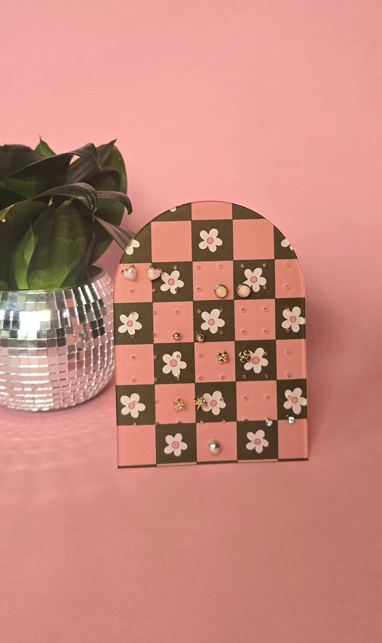 Earring Display Stand | Pink & Green Flowers | Holds 32 Pairs of Earrings | Stud Earring Jewelery Holder