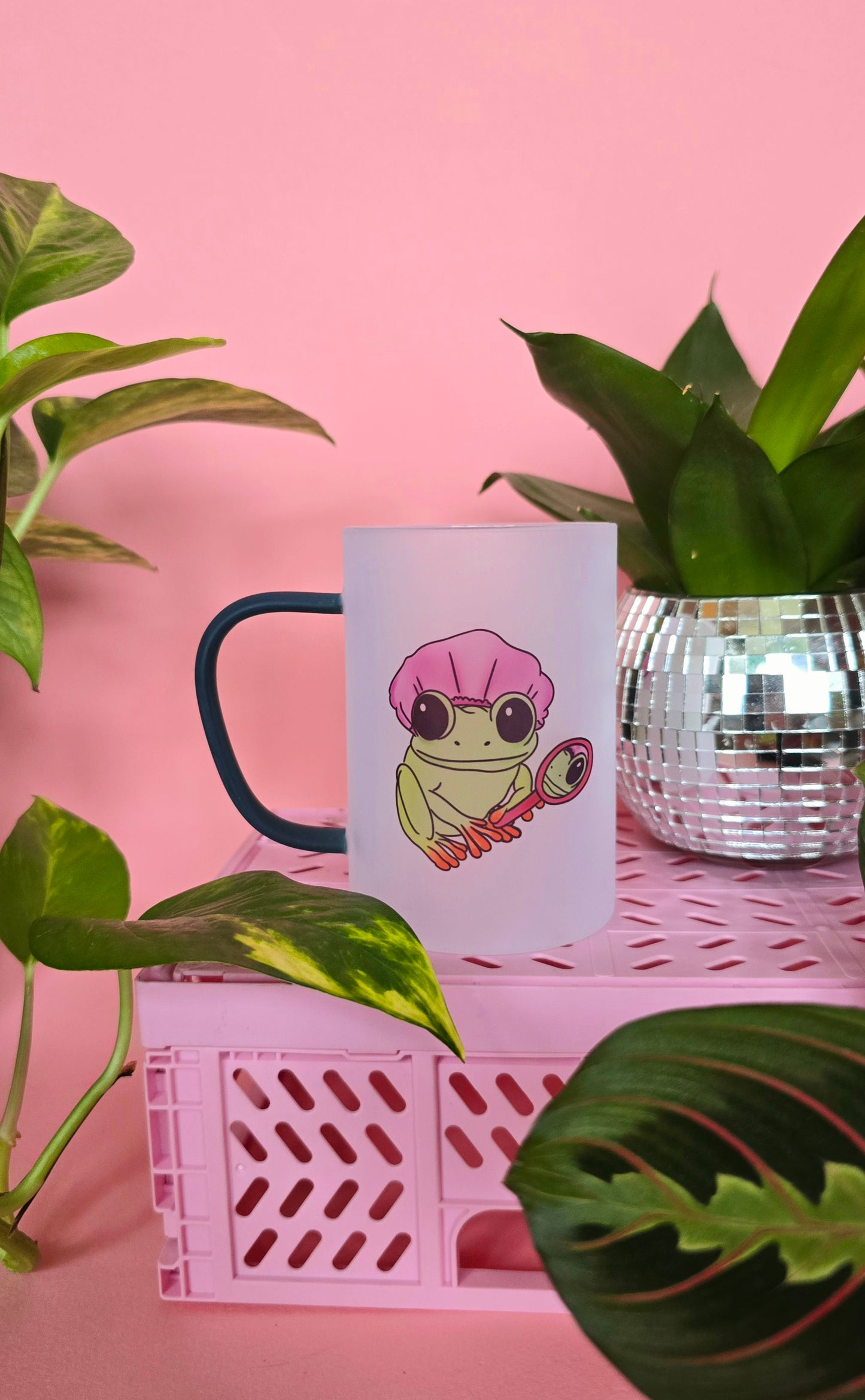 Self Care Frog Mug | Pink or Green Handled Frosted Glass Mug