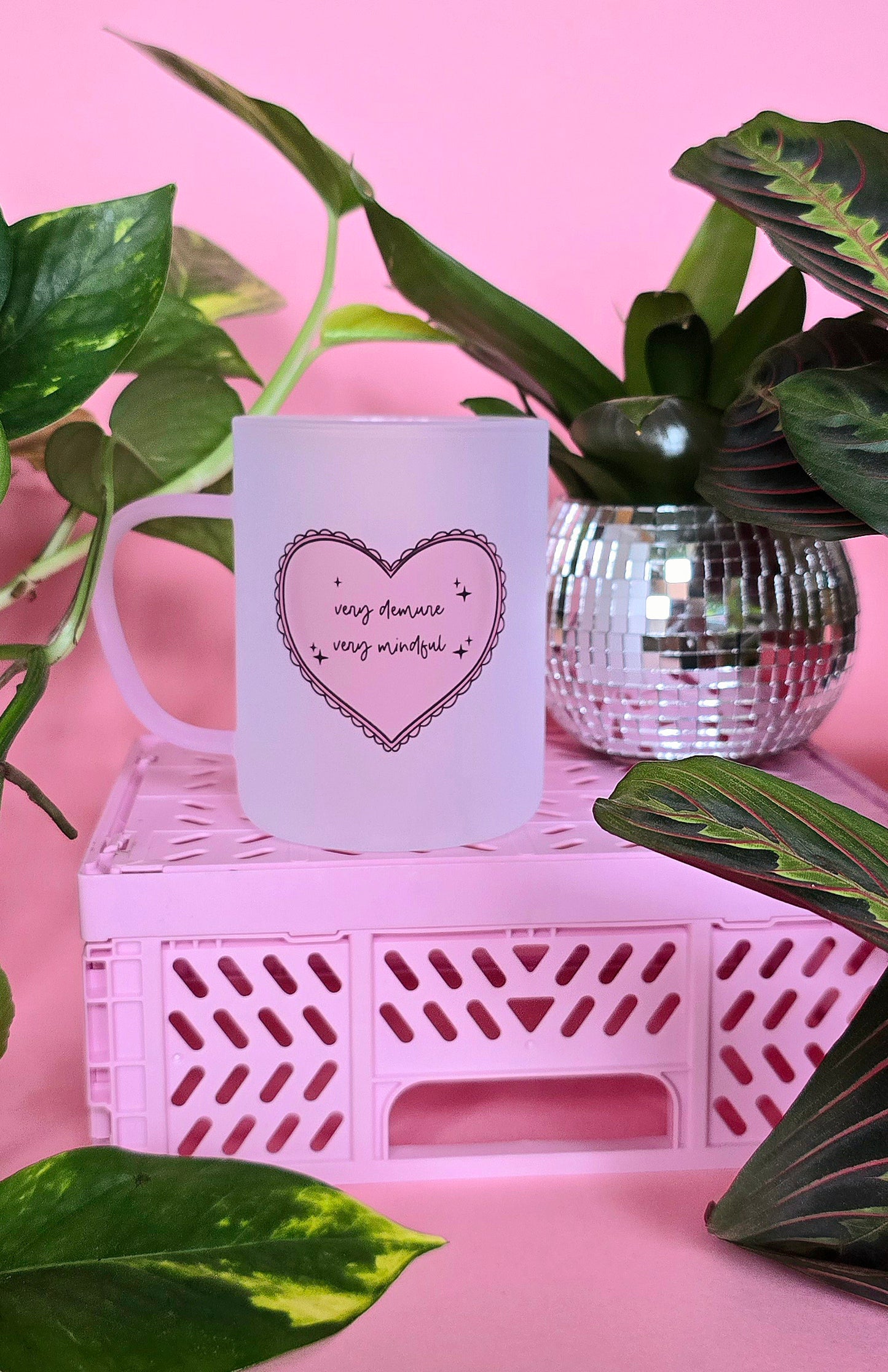 Very Demure Very Mindful | Pink Handled Frosted Glass Mug