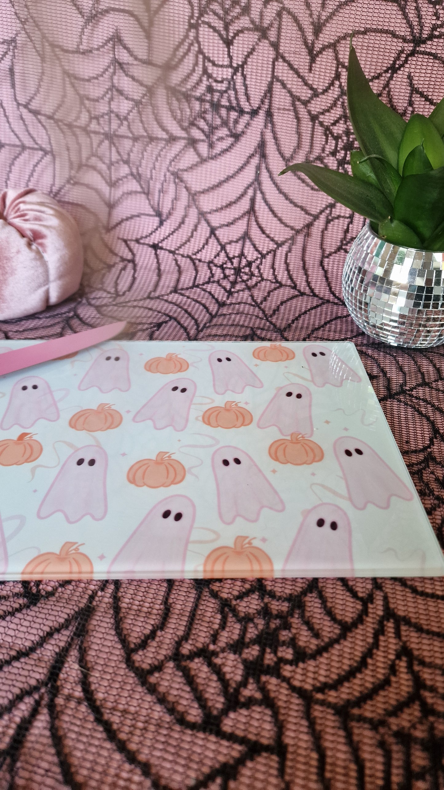 Pink Ghosties & Pumpkin Glass Chopping Board
