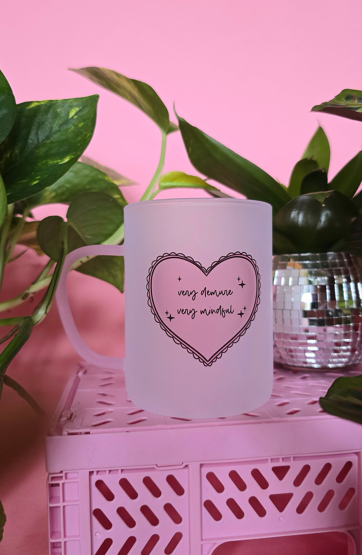 Very Demure Very Mindful | Pink Handled Frosted Glass Mug