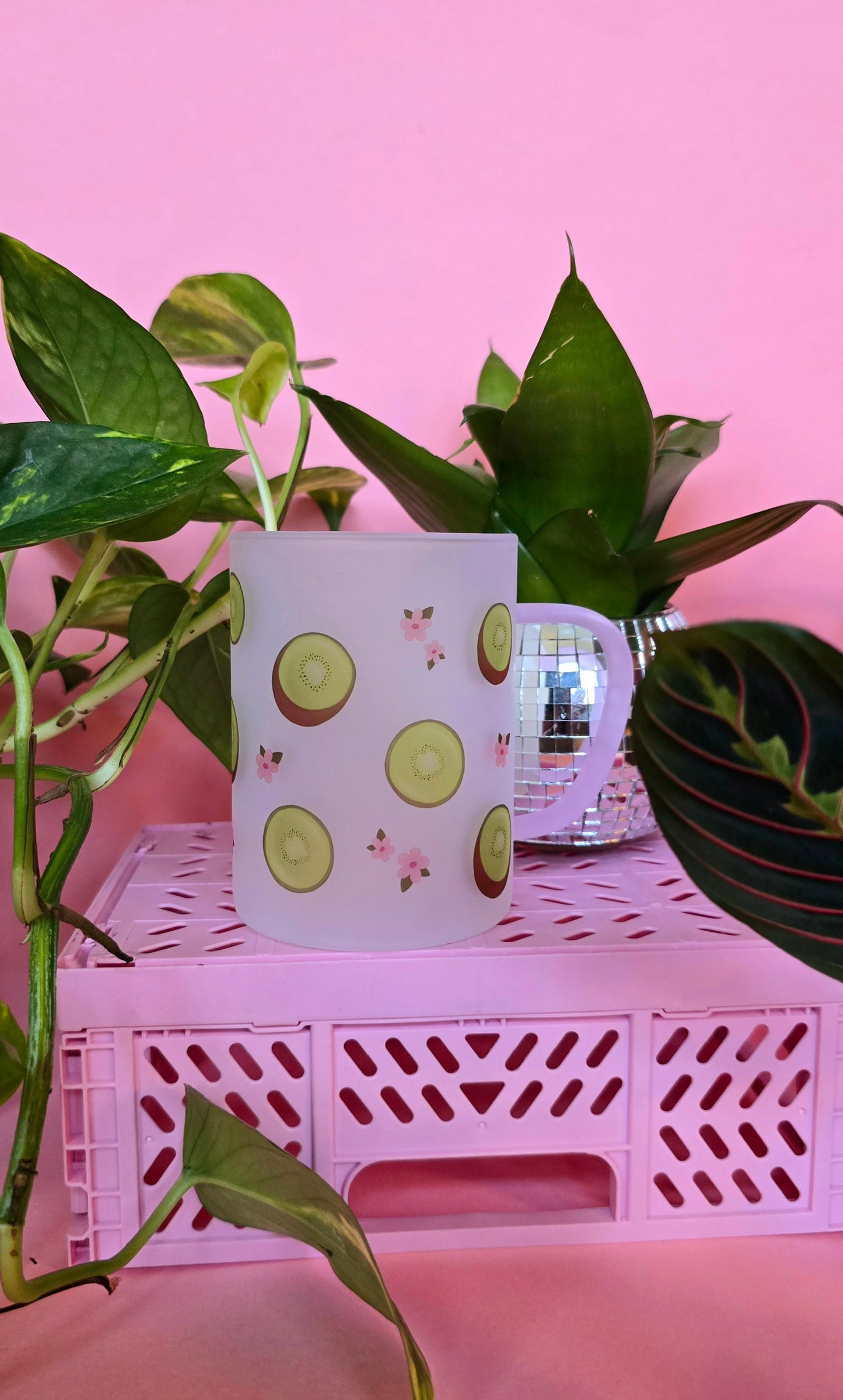 Kiwi & Flowers Cup Mug | Pink Handled Frosted Glass Mug