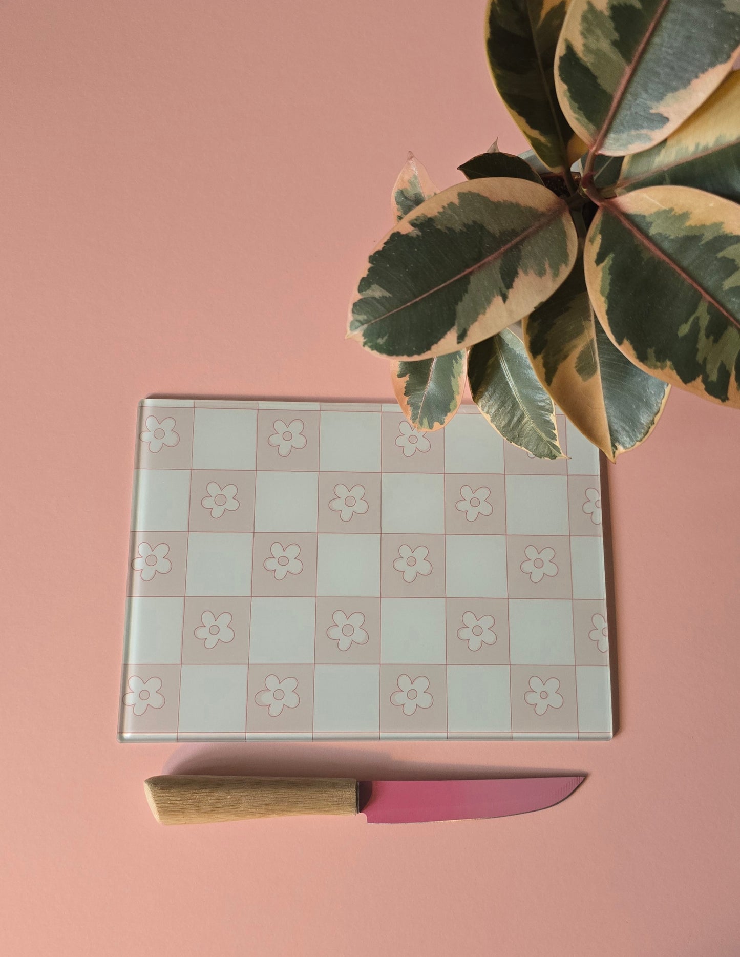 Pale Pink Flower Check Glass Chopping Board