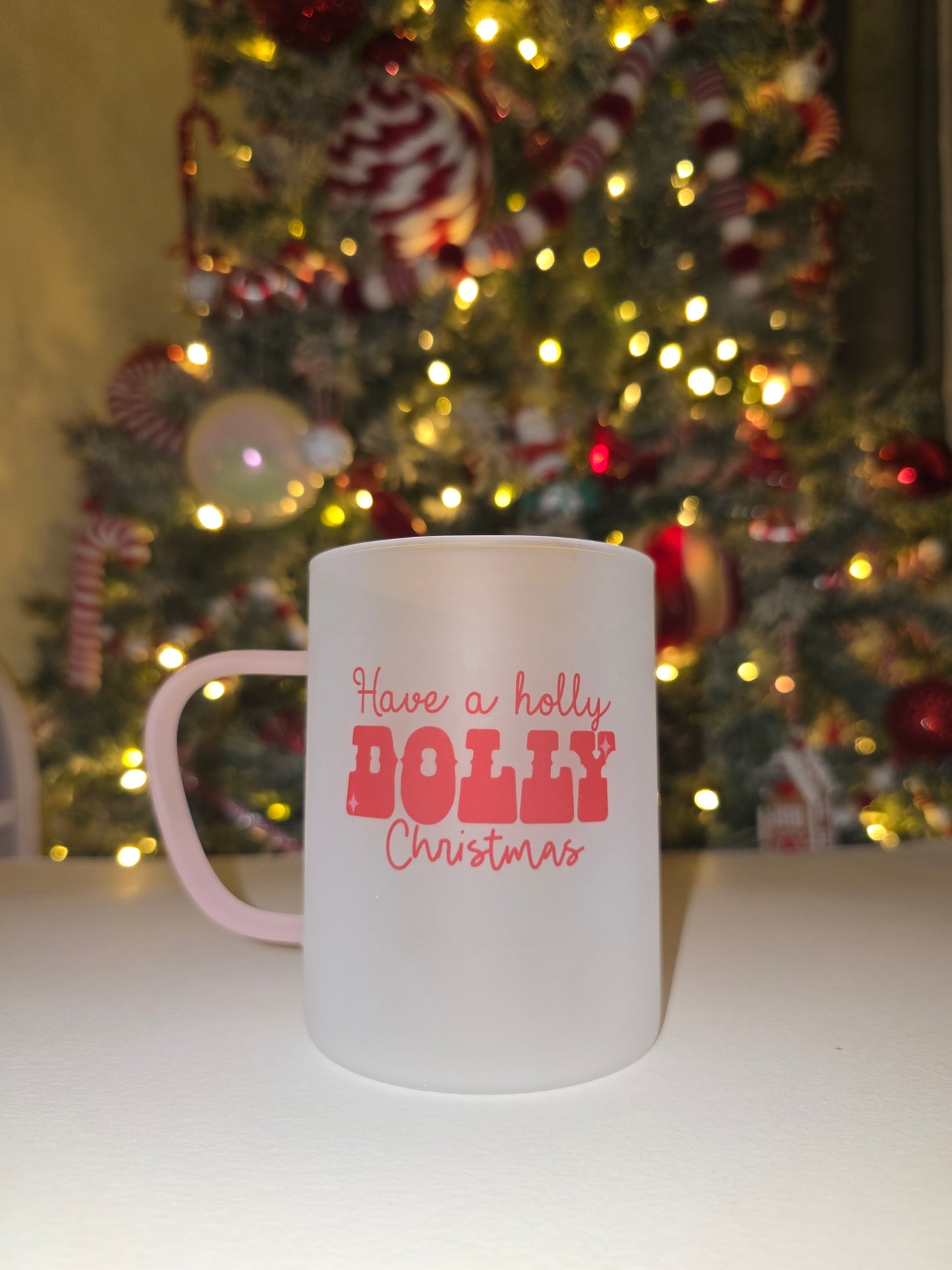 Holly Dolly Christmas Mug | Pink Handled Frosted Glass Mug
