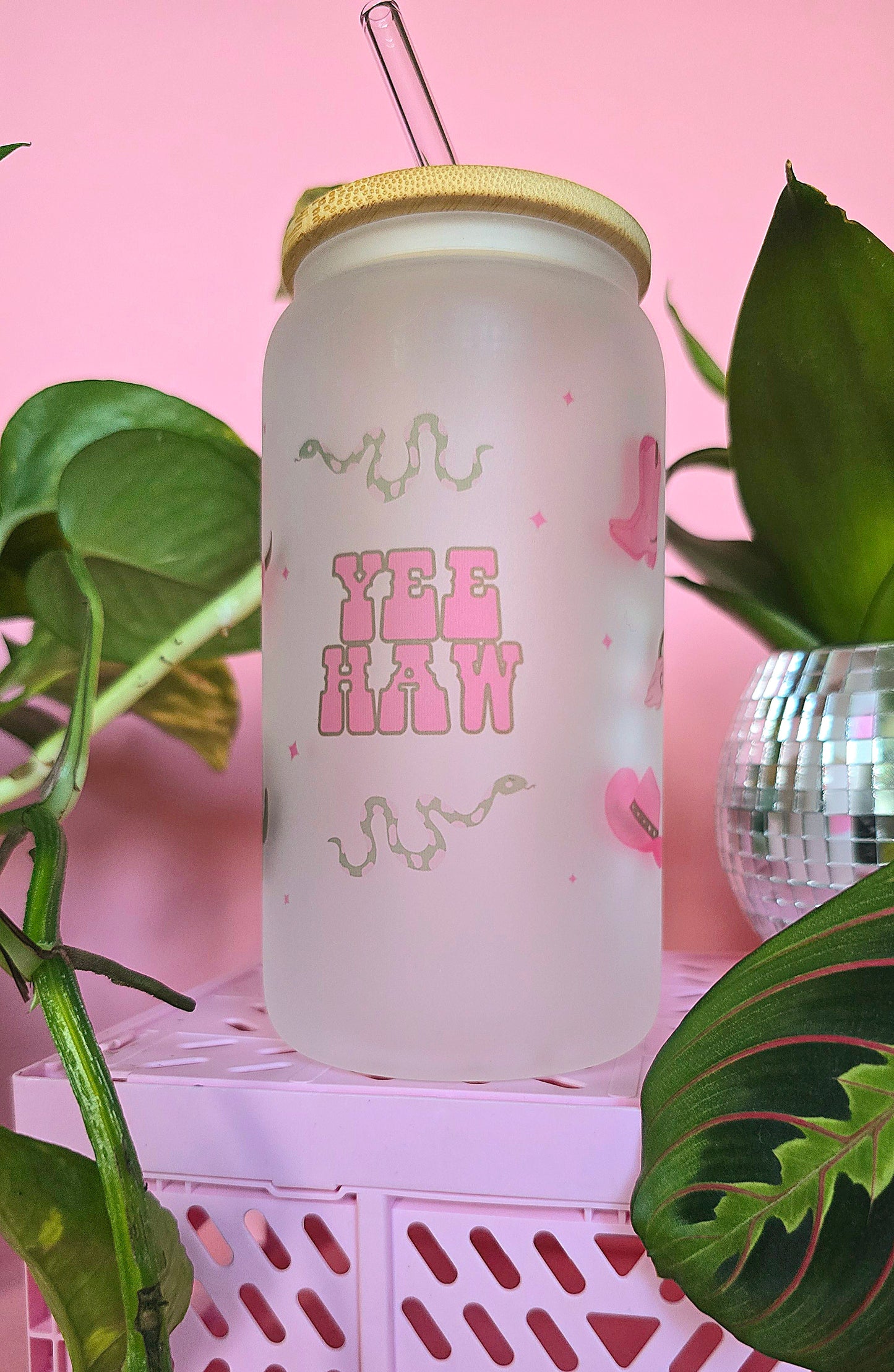 Pink & Green Western Glass Tumbler With Bamboo Lid and Straw