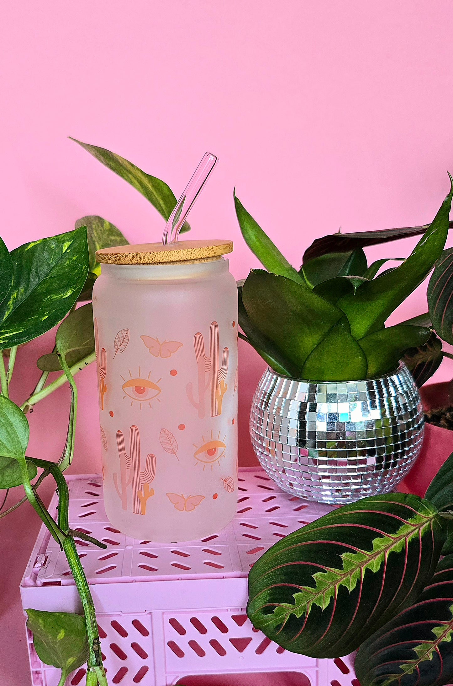 Boho Western Style Glass Tumbler With Bamboo Lid and Straw