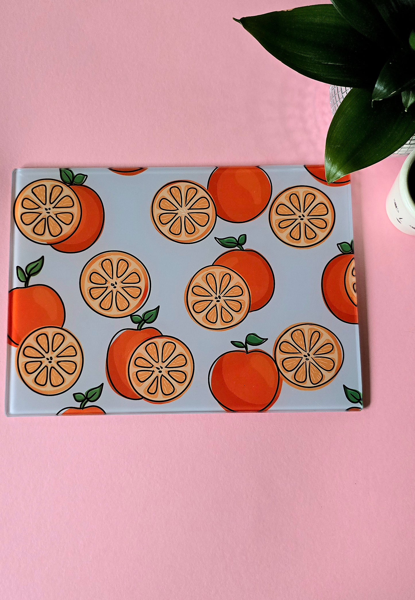 Fruity Oranges On Blue Glass Chopping Board