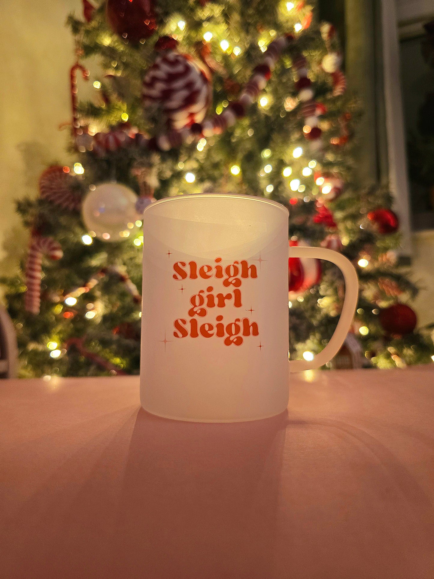 Sleigh Girl Sleigh Christmas Mug| Pink Handled Frosted Glass Mug