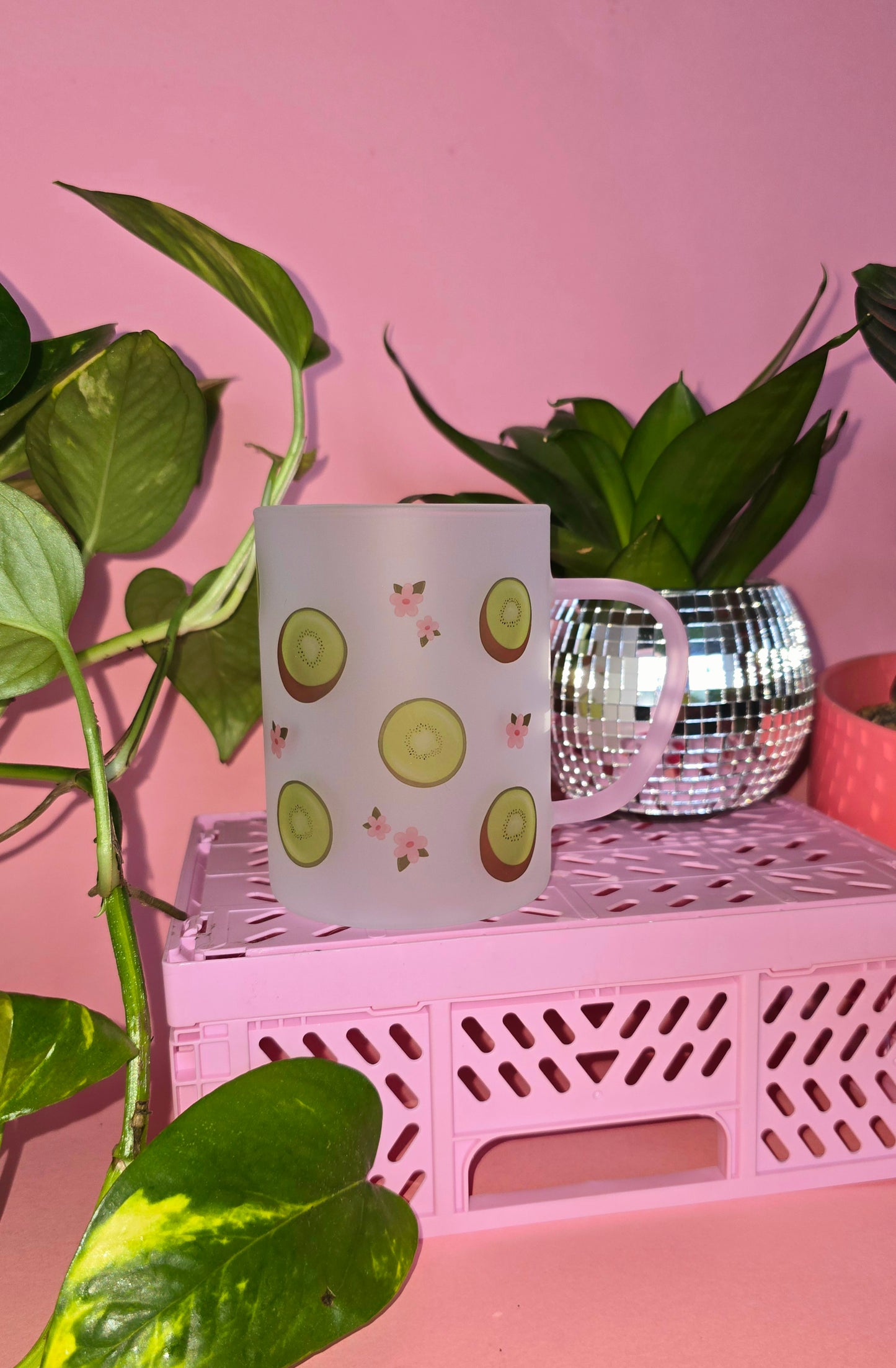 Kiwi & Flowers Cup Mug | Pink Handled Frosted Glass Mug