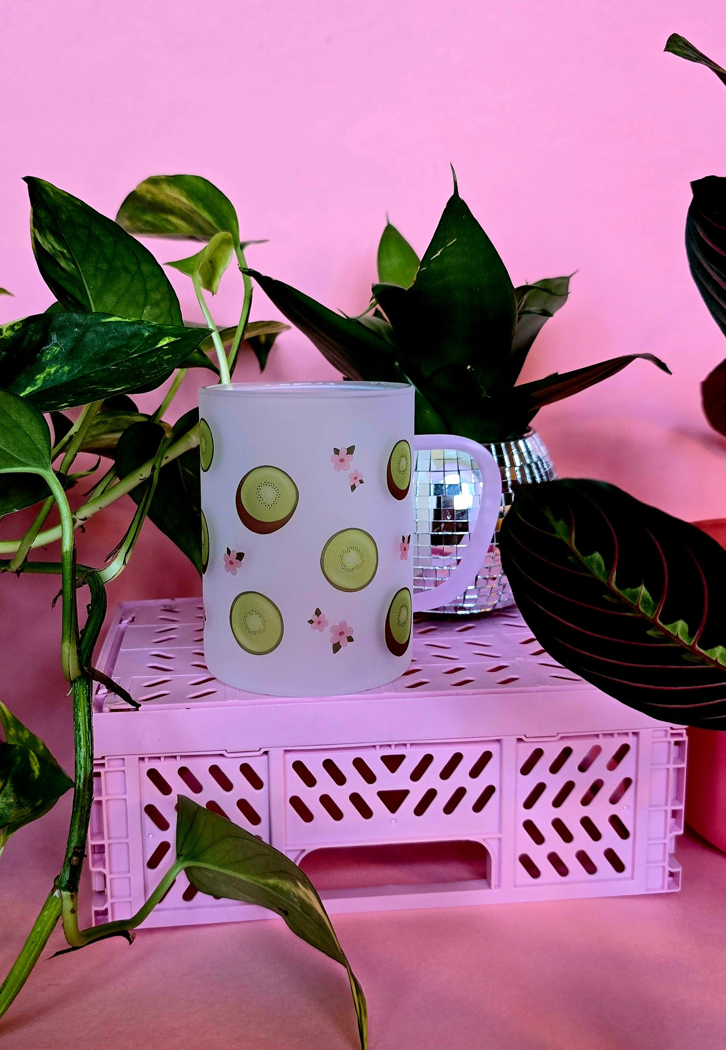Kiwi & Flowers Cup Mug | Pink Handled Frosted Glass Mug
