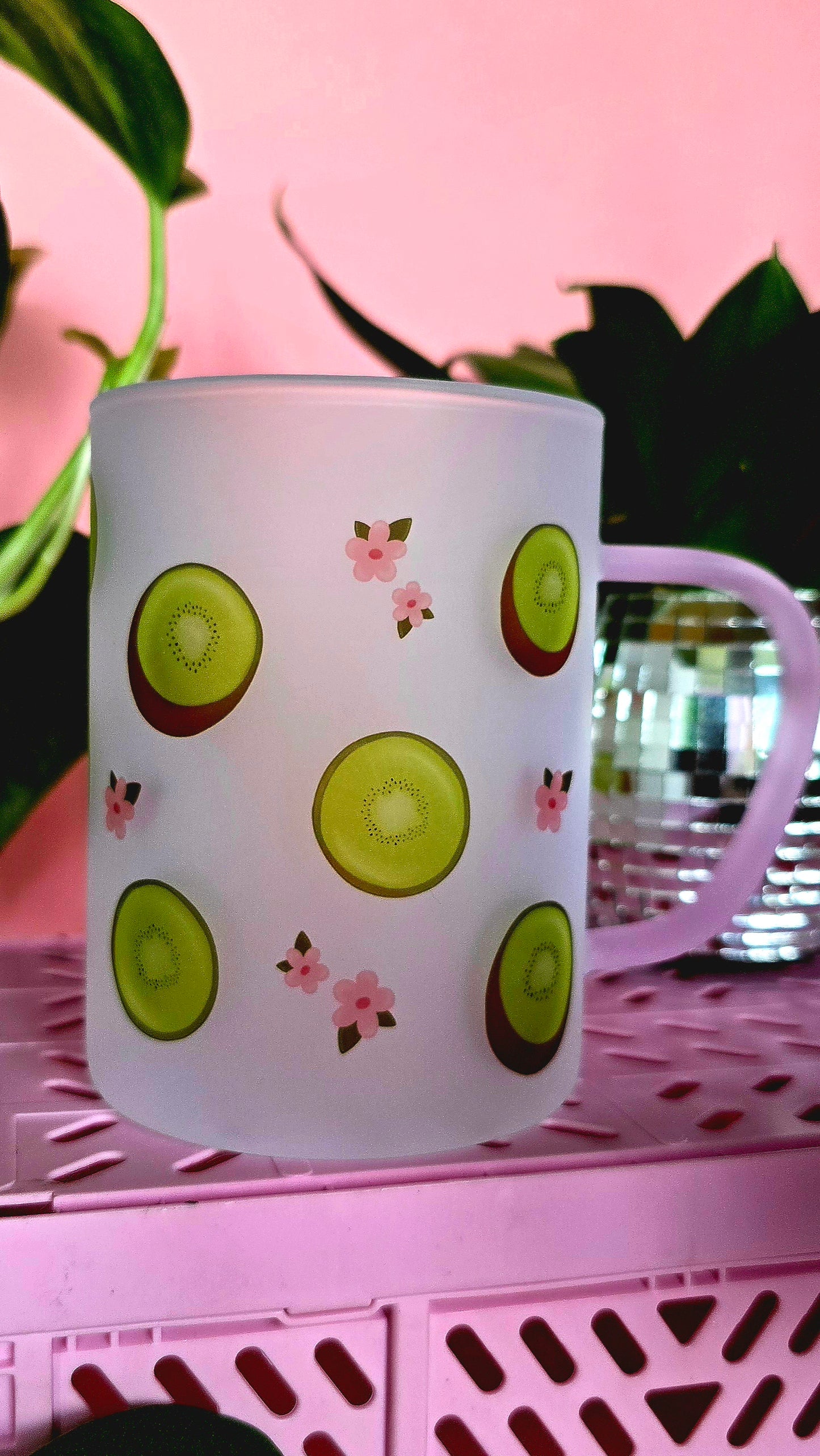 Kiwi & Flowers Cup Mug | Pink Handled Frosted Glass Mug