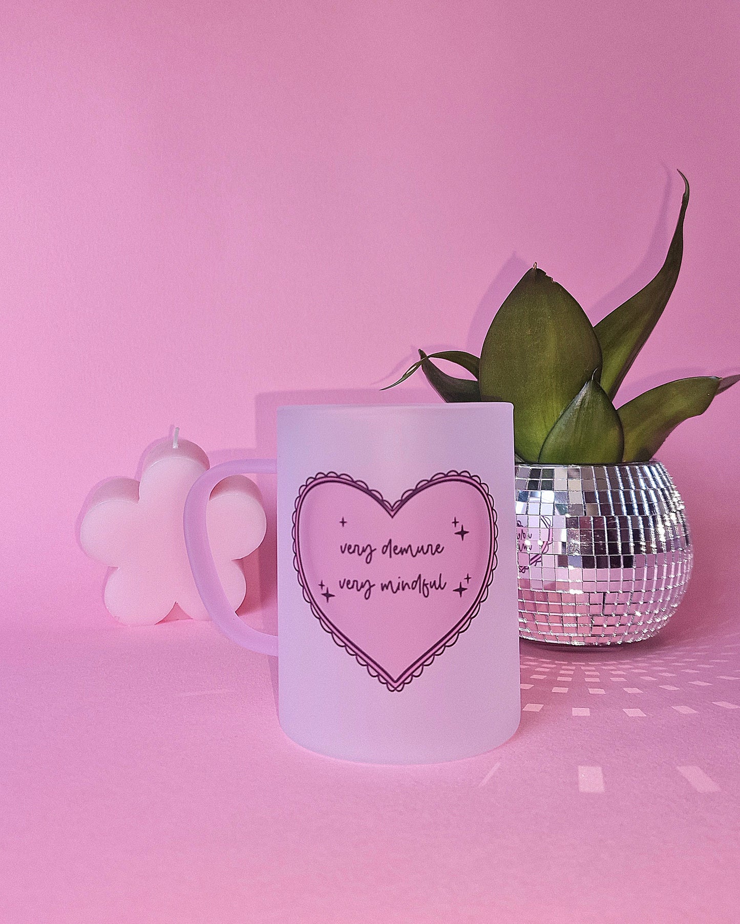 Very Demure Very Mindful | Pink Handled Frosted Glass Mug