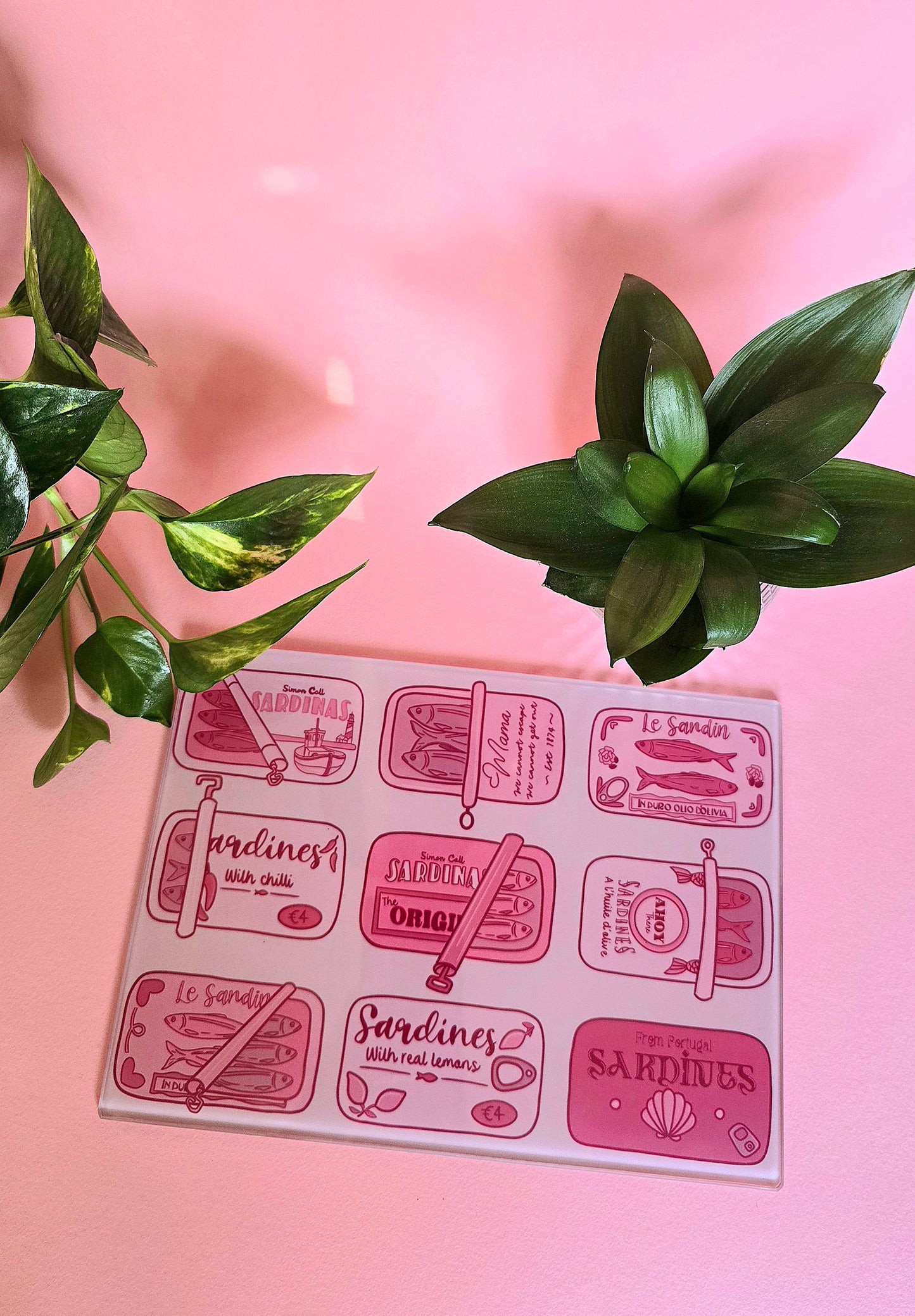 Pink Sardine Tin Glass Chopping Board