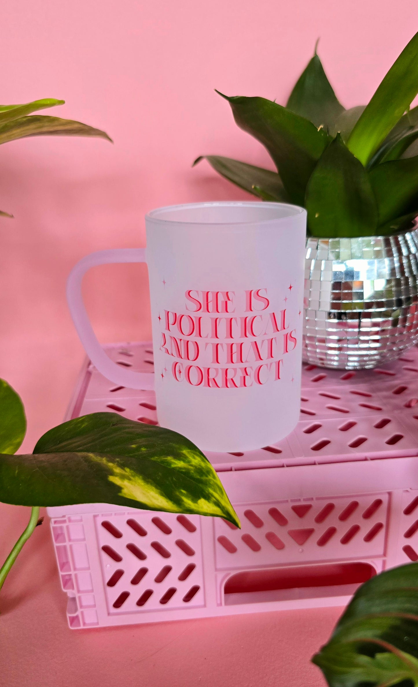 She is Political Mug | Pink Handled Frosted Glass Mug