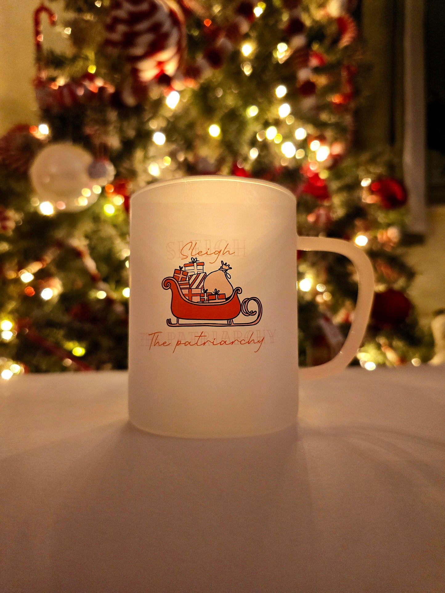Sleigh The Patriarchy Christmas Mug | Pink Handled Frosted Glass Mug