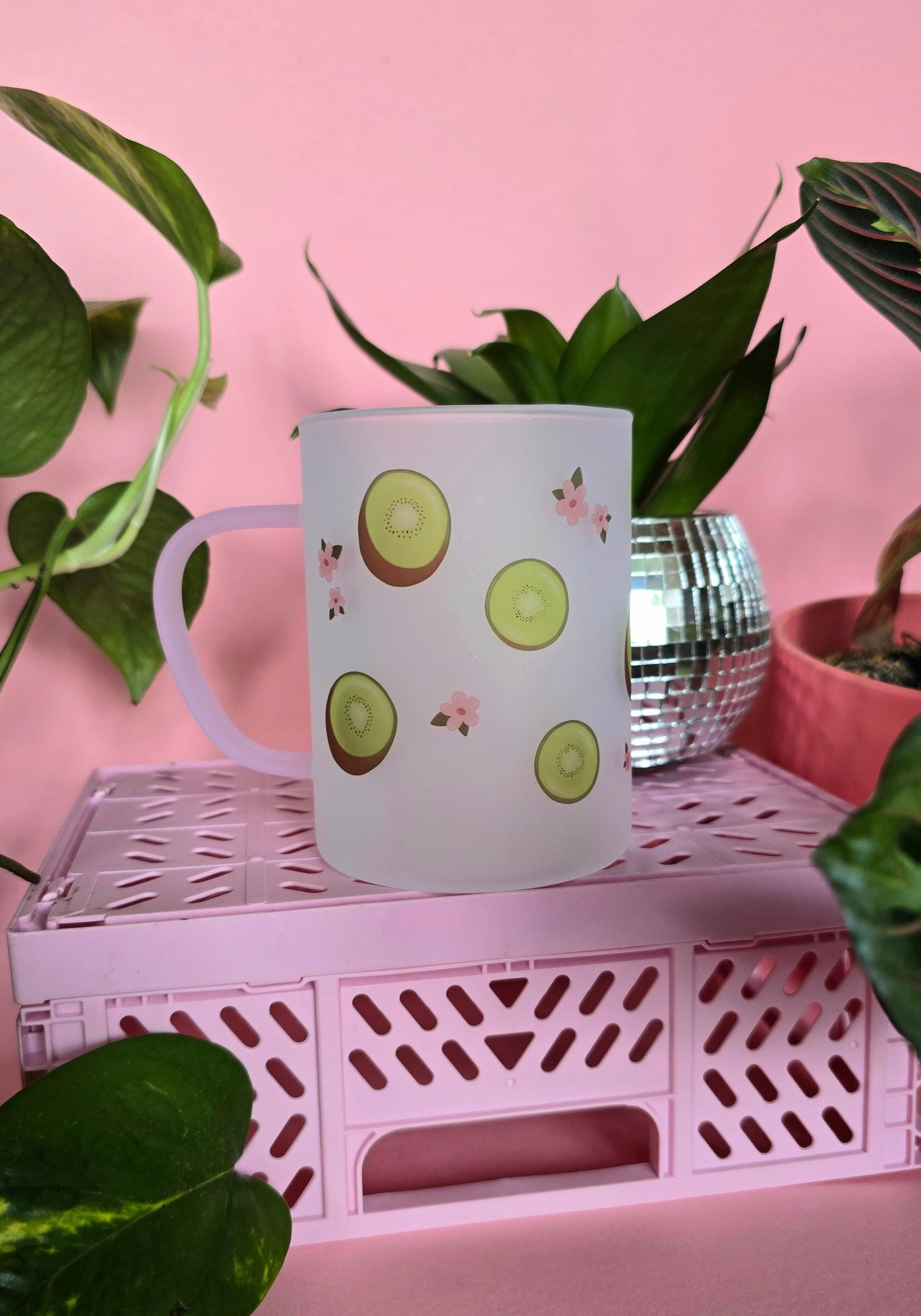 Kiwi & Flowers Cup Mug | Pink Handled Frosted Glass Mug