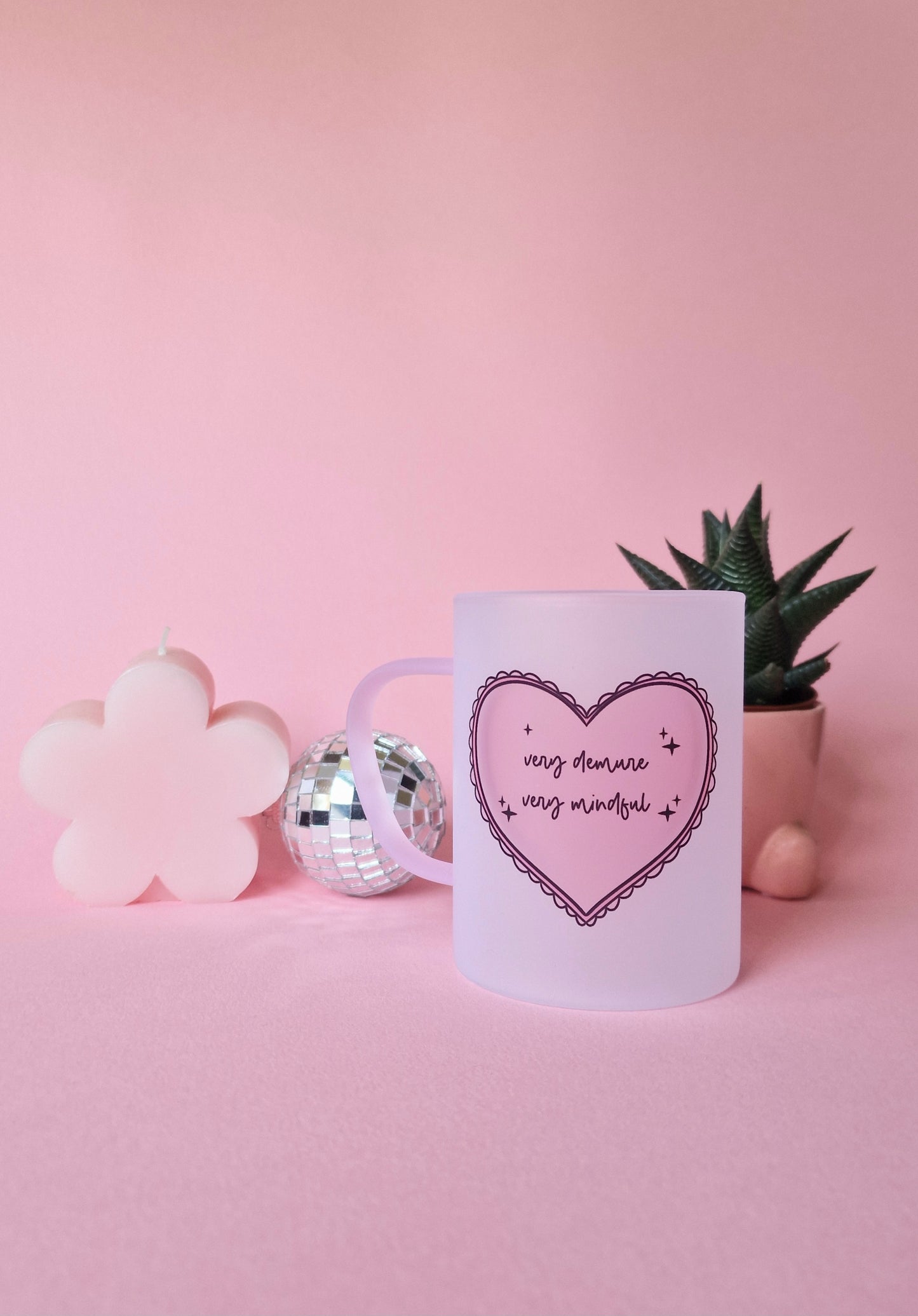 Very Demure Very Mindful | Pink Handled Frosted Glass Mug