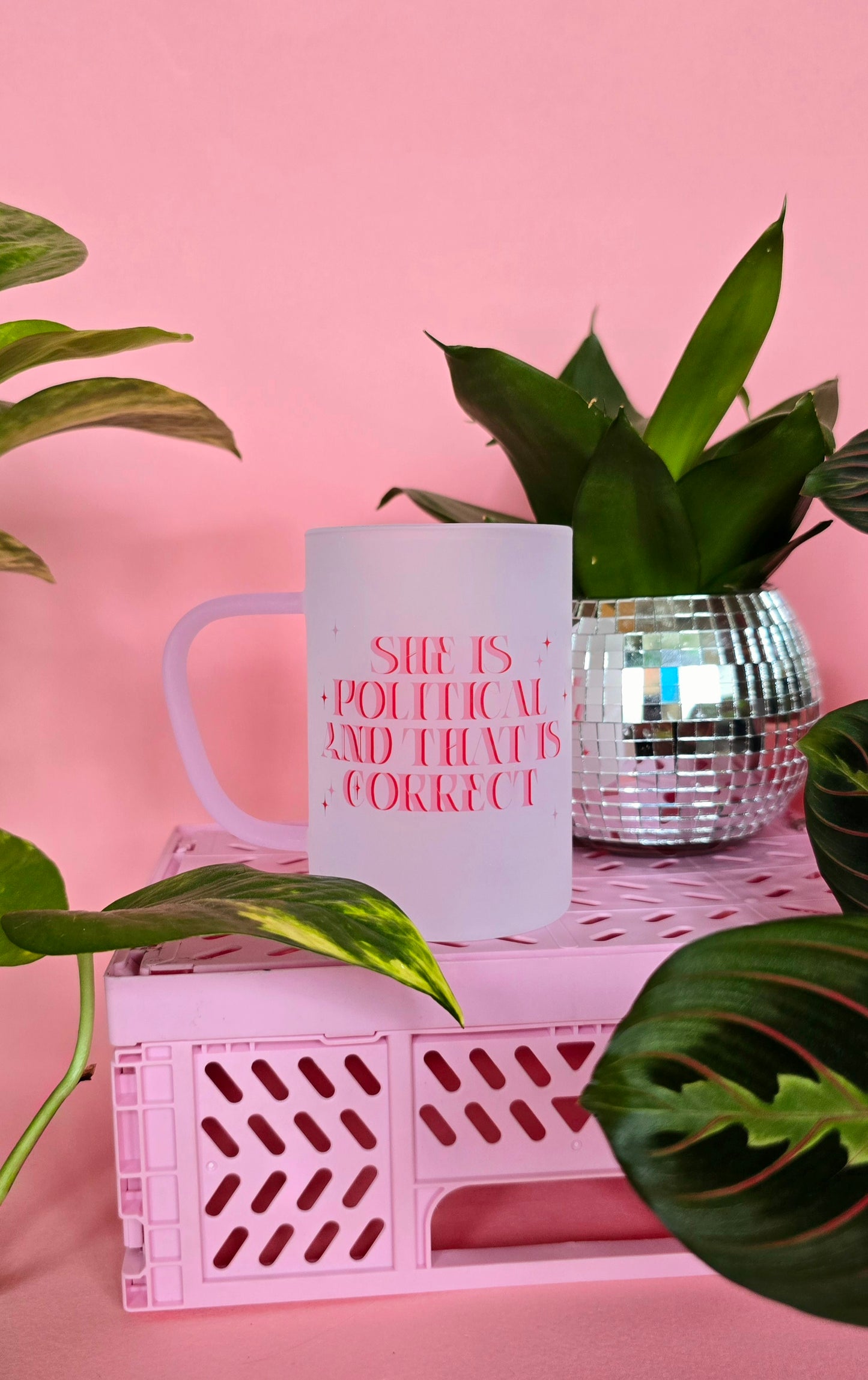 She is Political Mug | Pink Handled Frosted Glass Mug