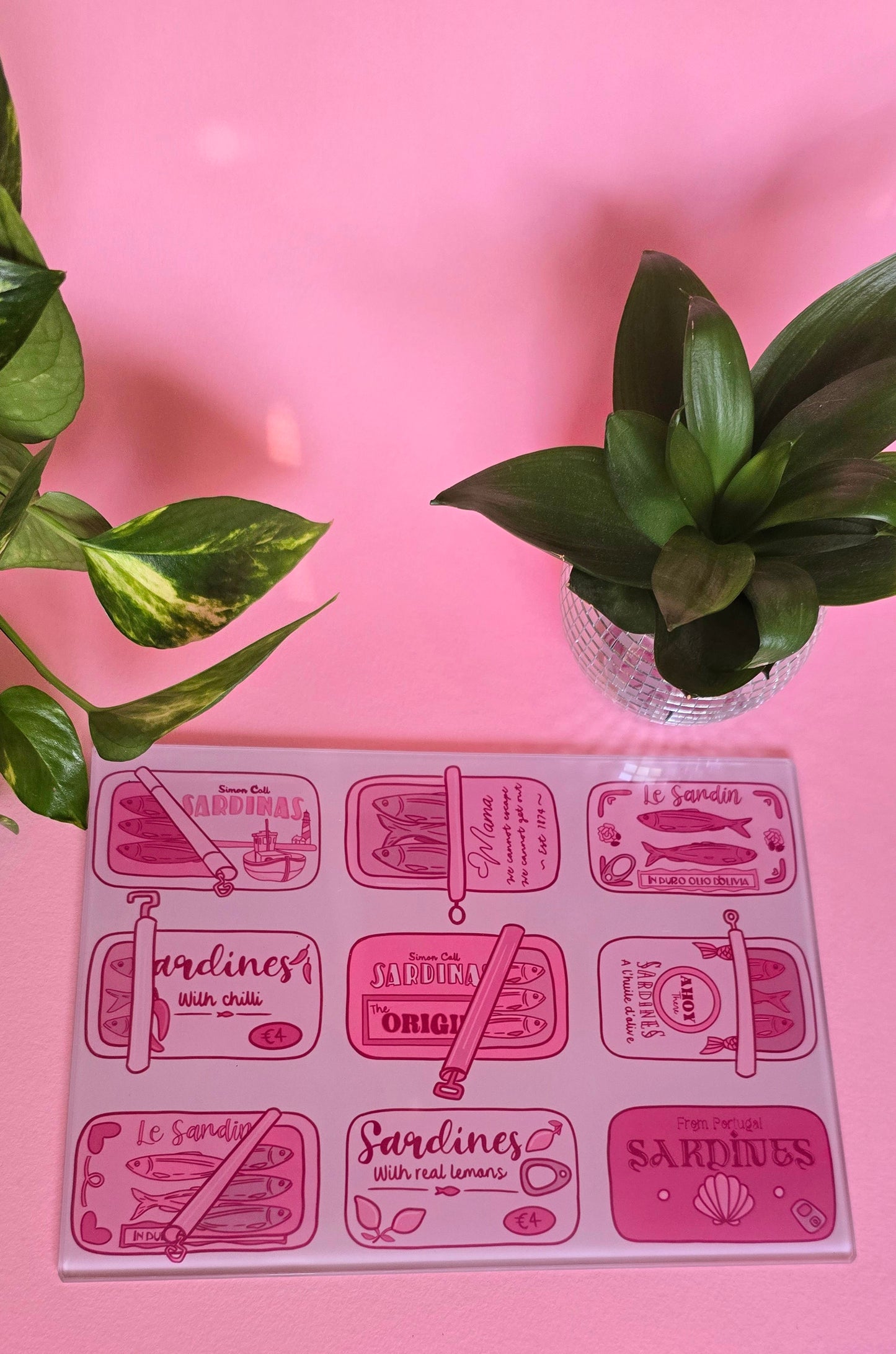 Pink Sardine Tin Glass Chopping Board