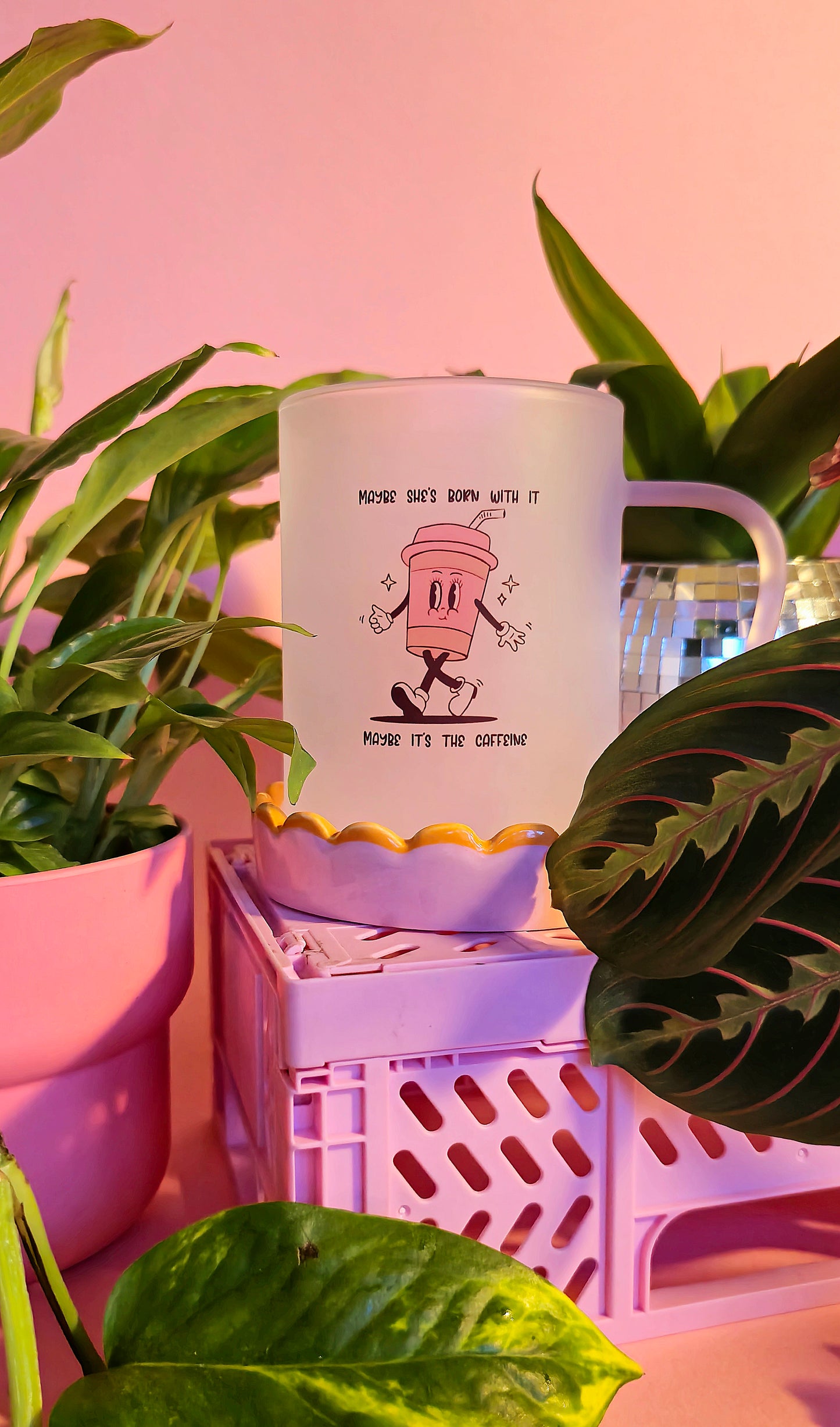 Caffiene Cup Mug | Pink Handled Frosted Glass Mug