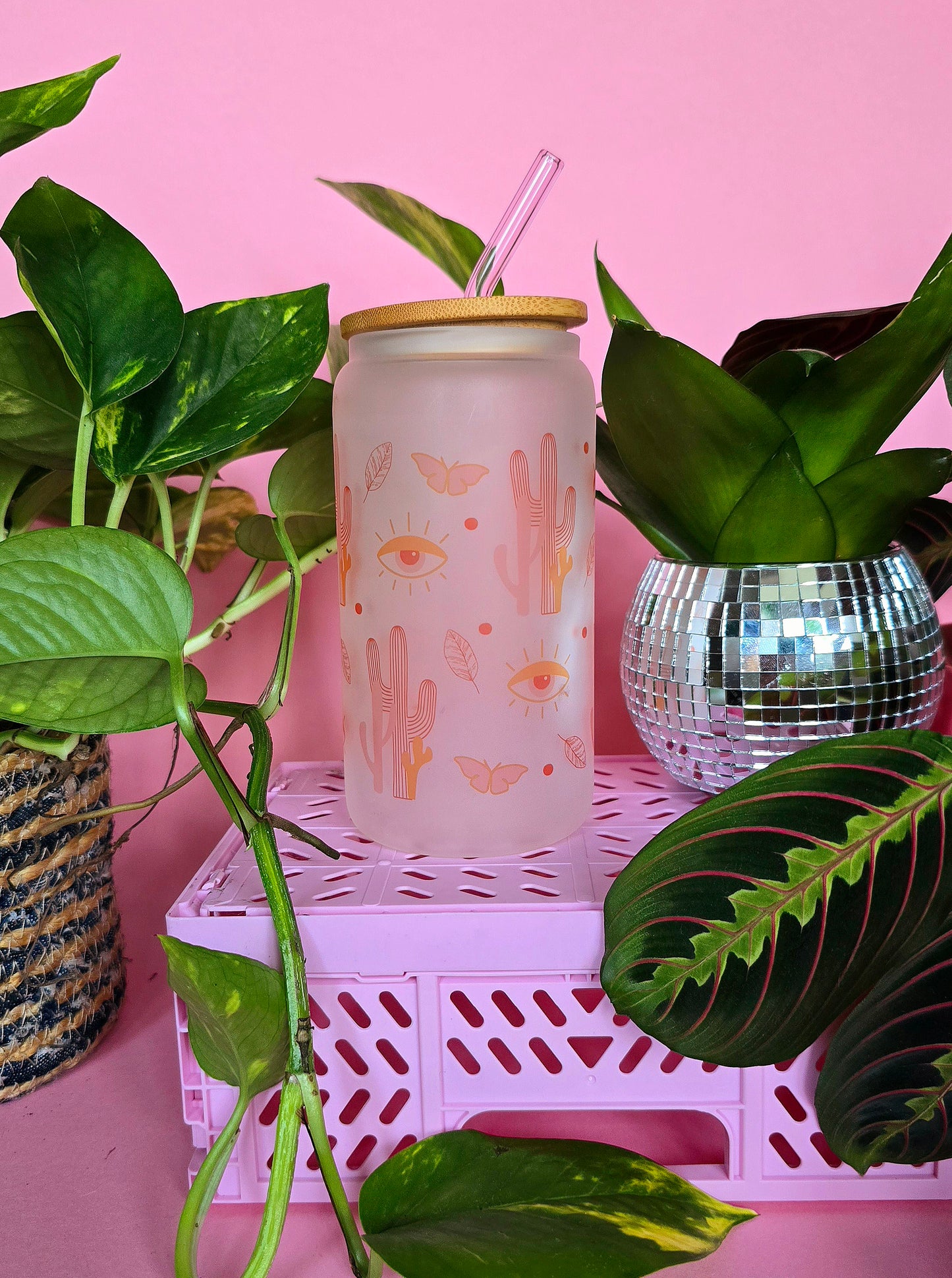 Boho Western Style Glass Tumbler With Bamboo Lid and Straw