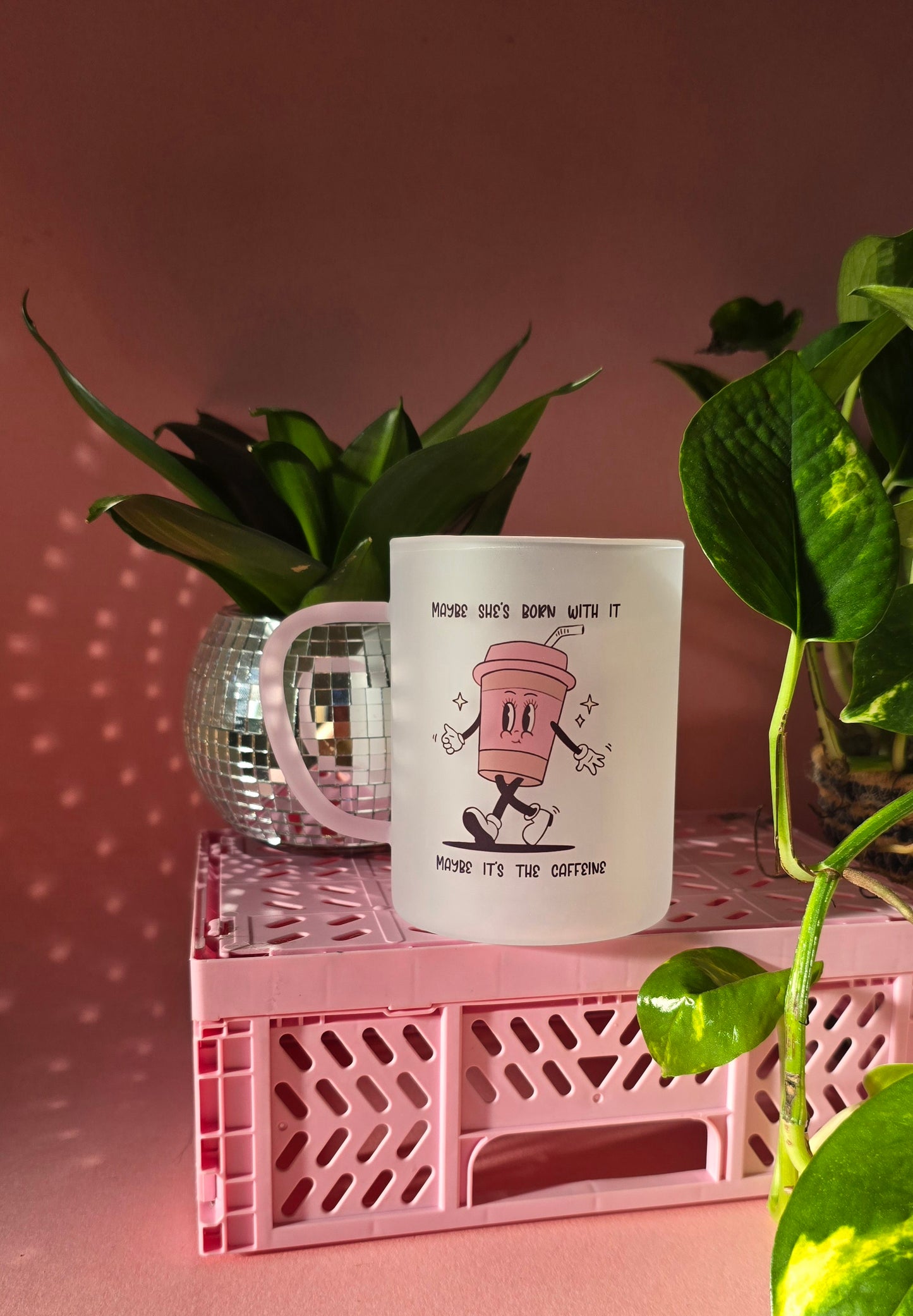 Caffiene Cup Mug | Pink Handled Frosted Glass Mug