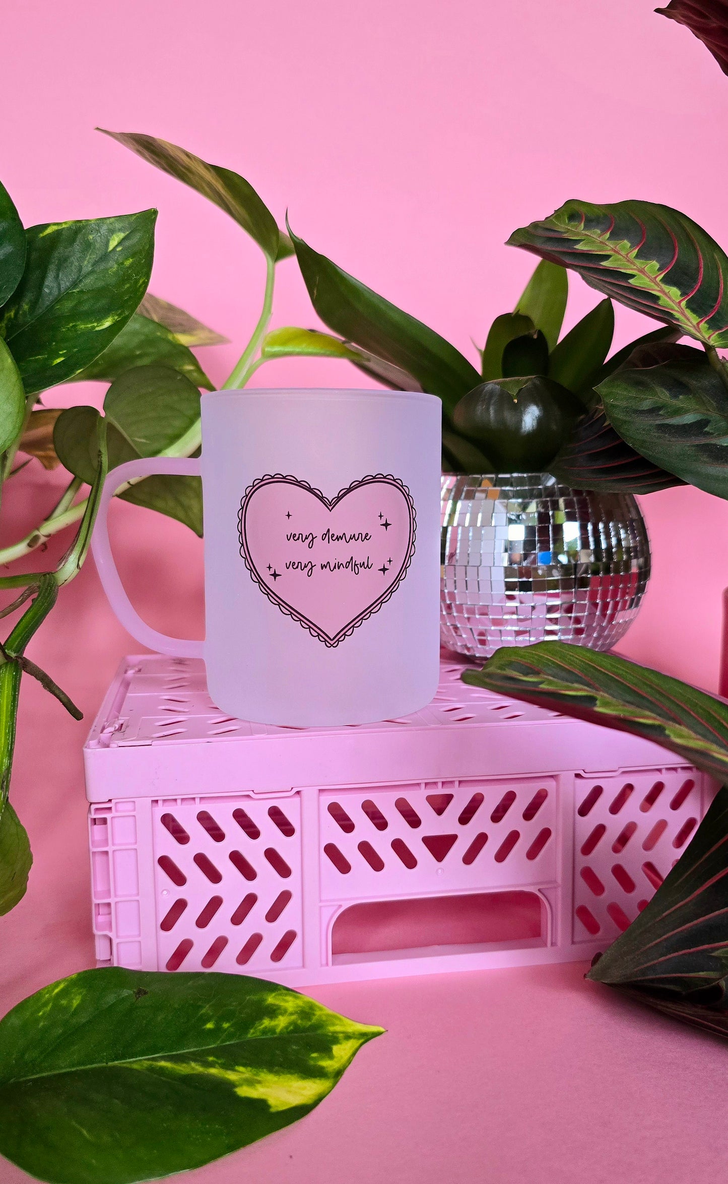 Very Demure Very Mindful | Pink Handled Frosted Glass Mug