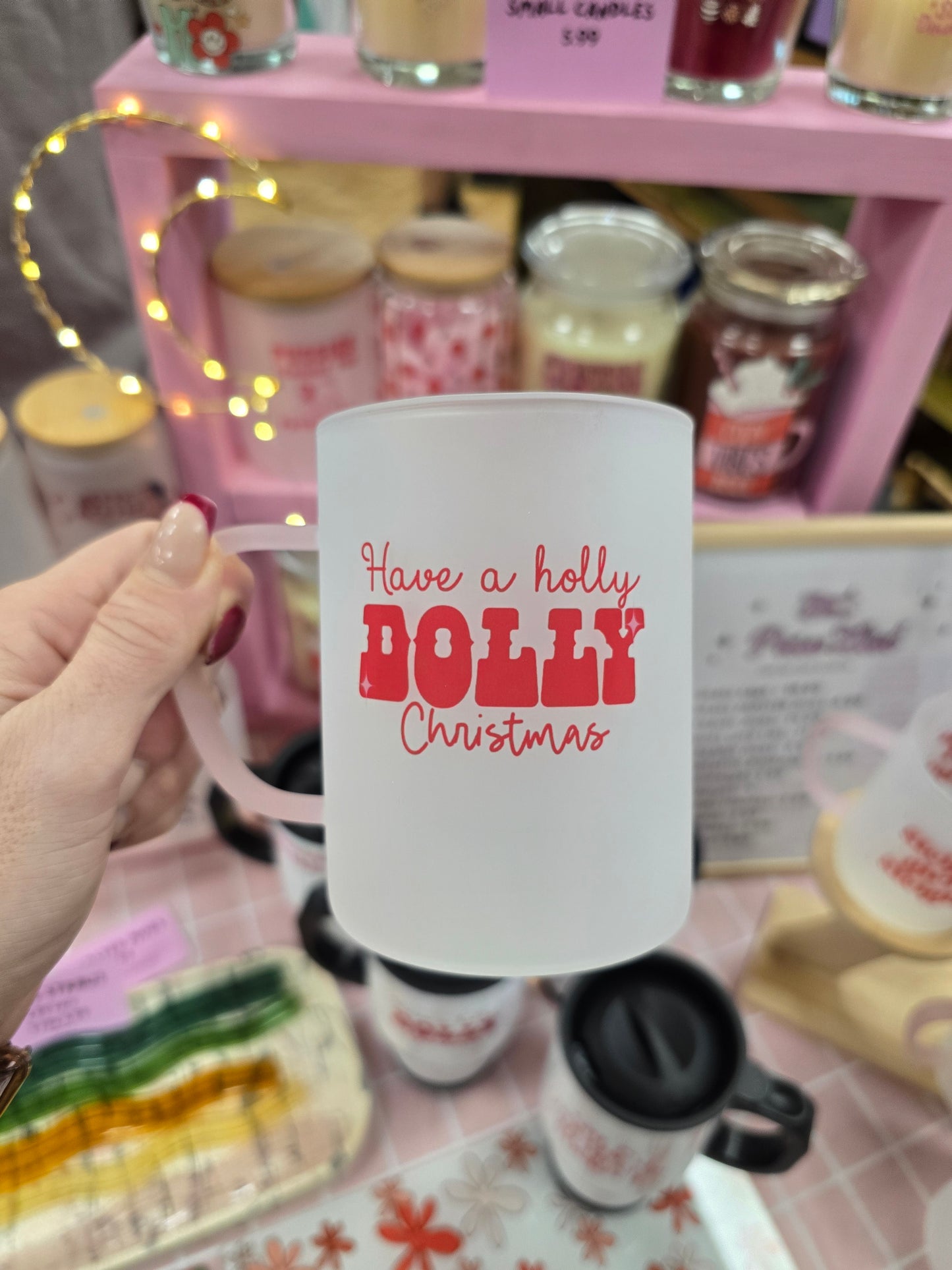 Holly Dolly Christmas Mug | Pink Handled Frosted Glass Mug
