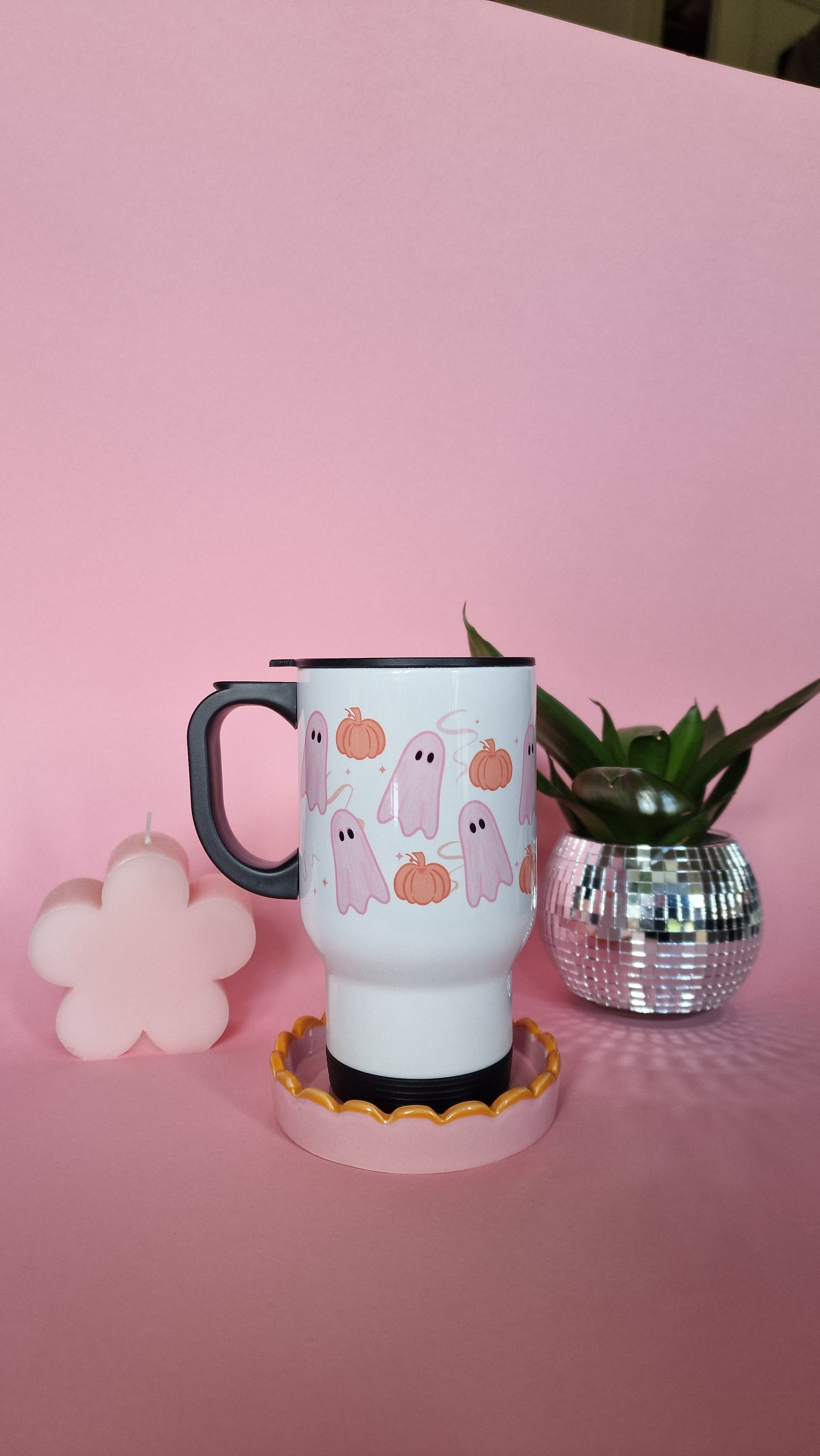 Pink Ghosties & Pumpkins Travel Mug