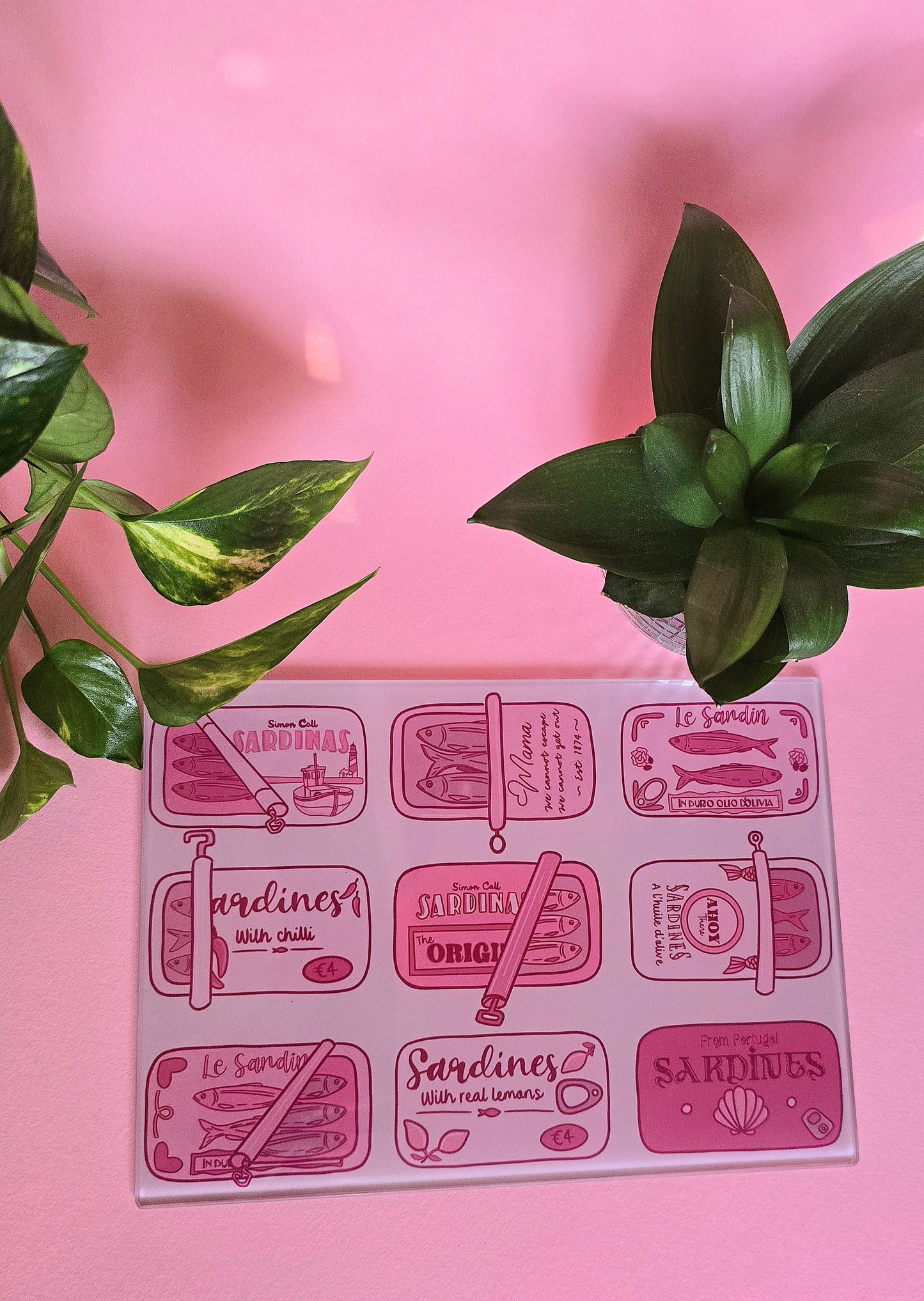 Pink Sardine Tin Glass Chopping Board