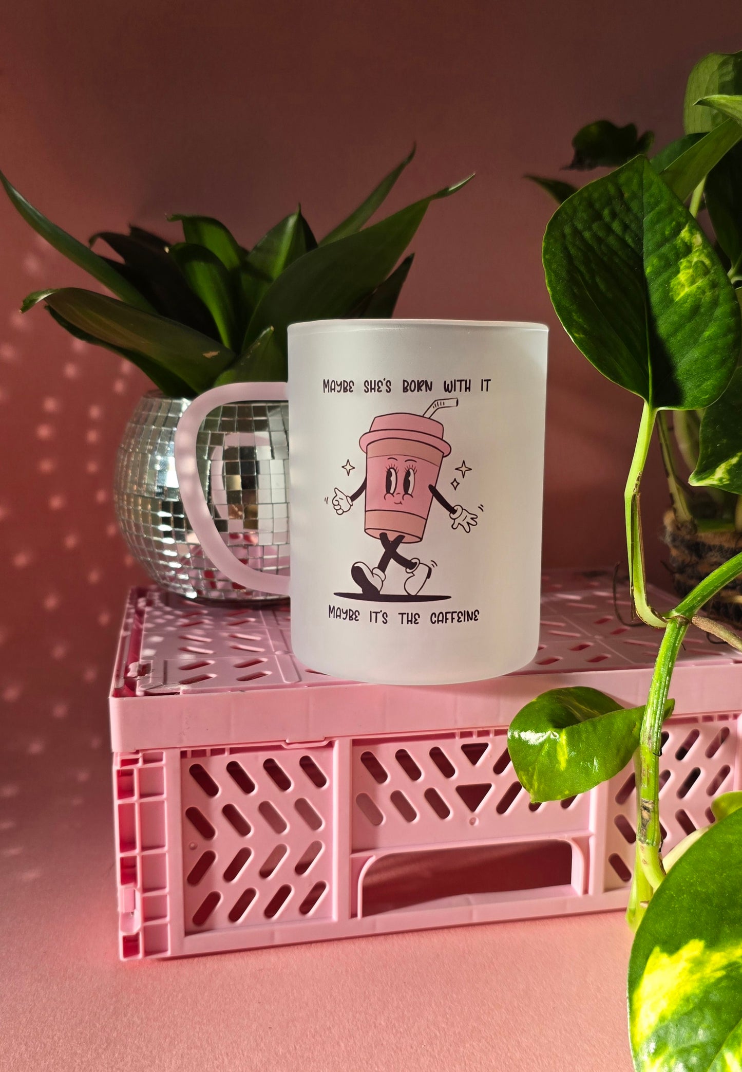 Caffiene Cup Mug | Pink Handled Frosted Glass Mug