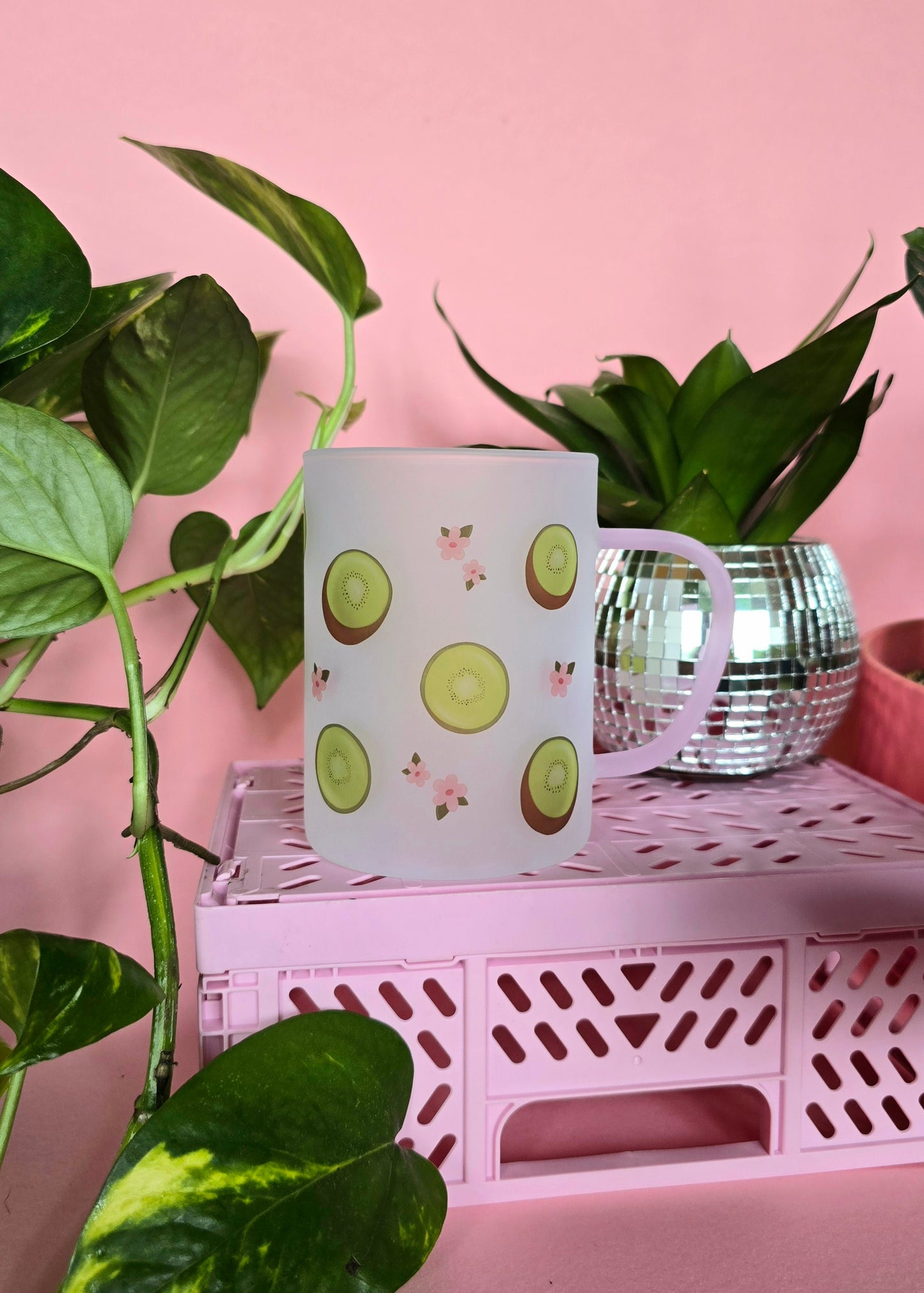 Kiwi & Flowers Cup Mug | Pink Handled Frosted Glass Mug