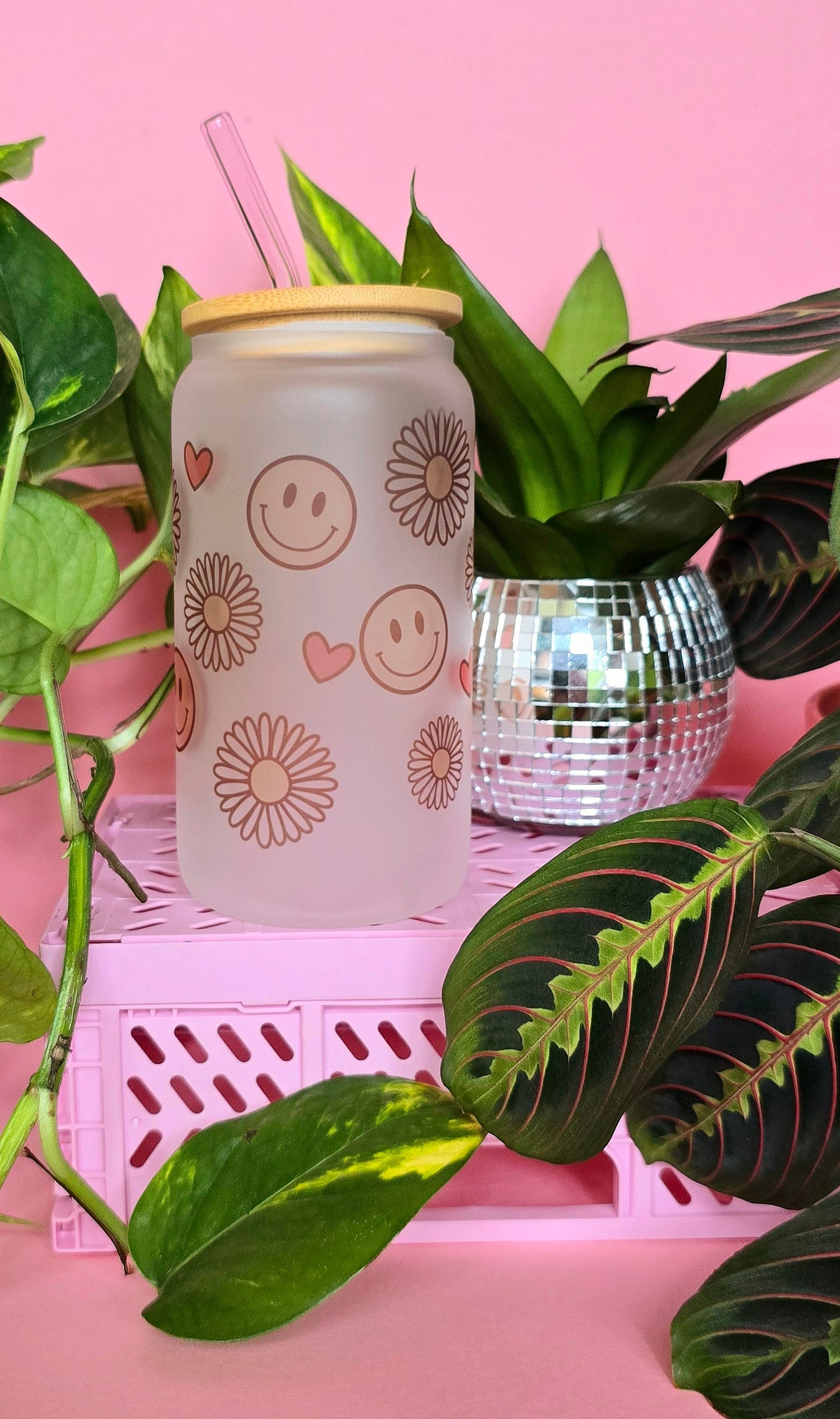 Smileys & Flowers | 16oz glass can tumbler