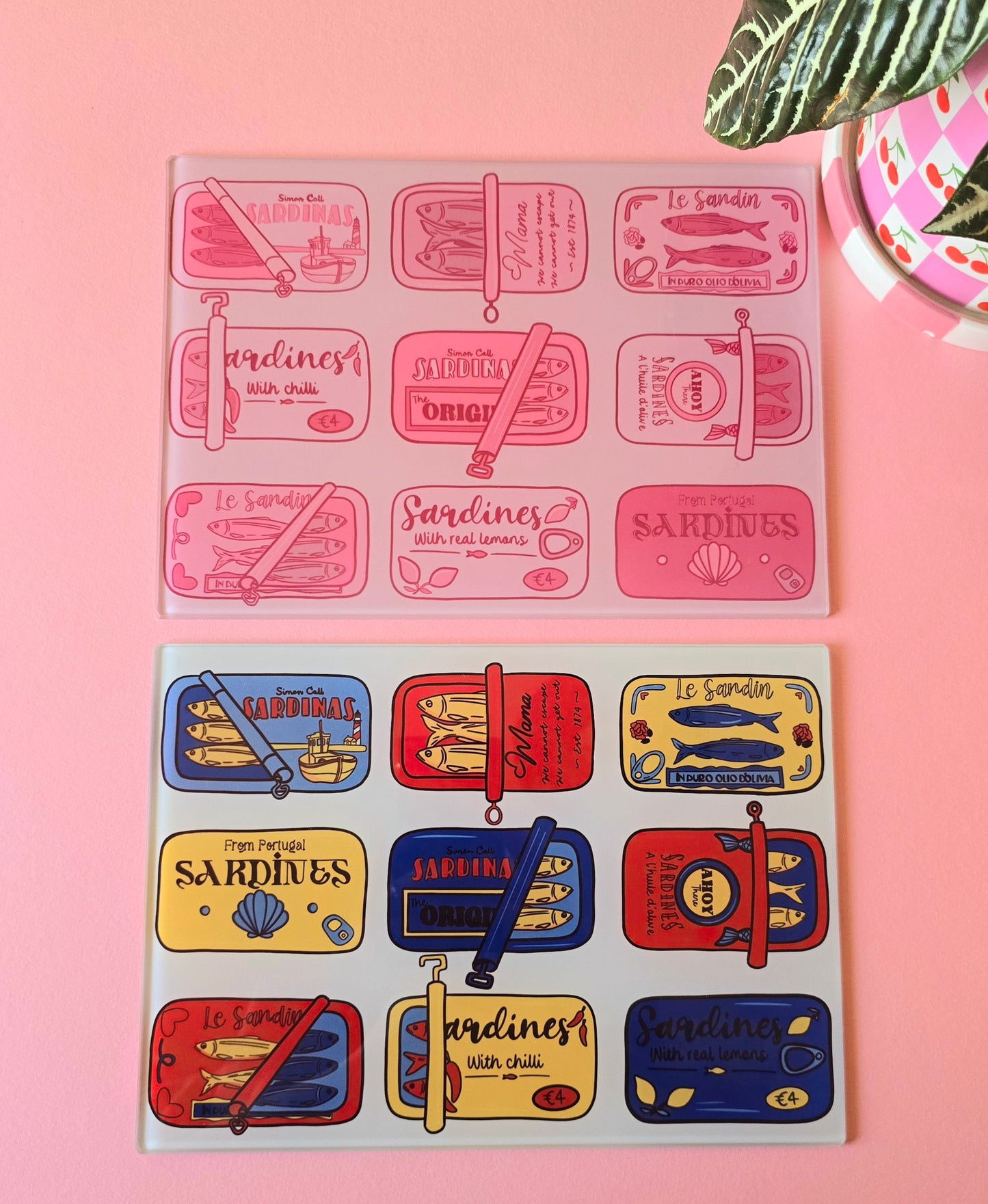 Pink Sardine Tin Glass Chopping Board