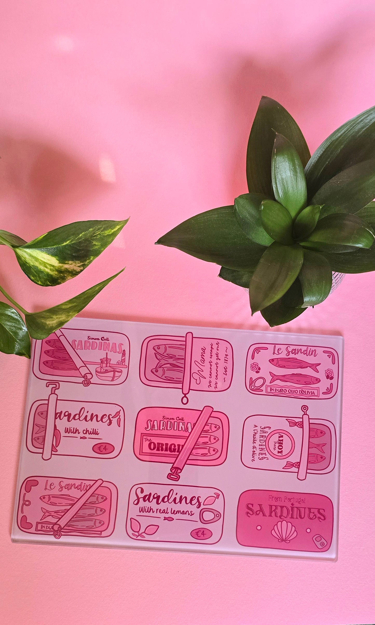 Pink Sardine Tin Glass Chopping Board