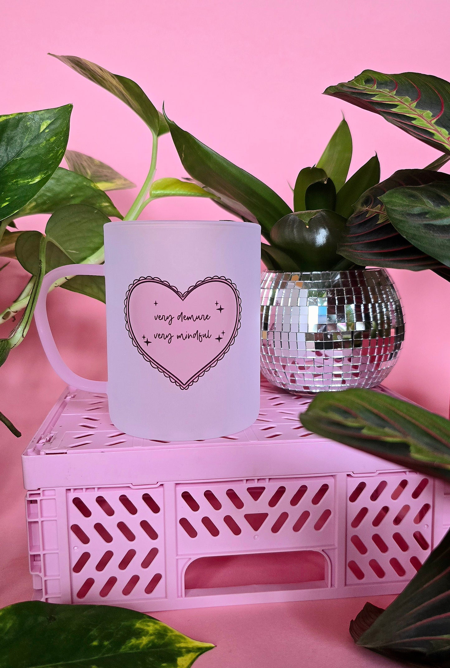 Very Demure Very Mindful | Pink Handled Frosted Glass Mug