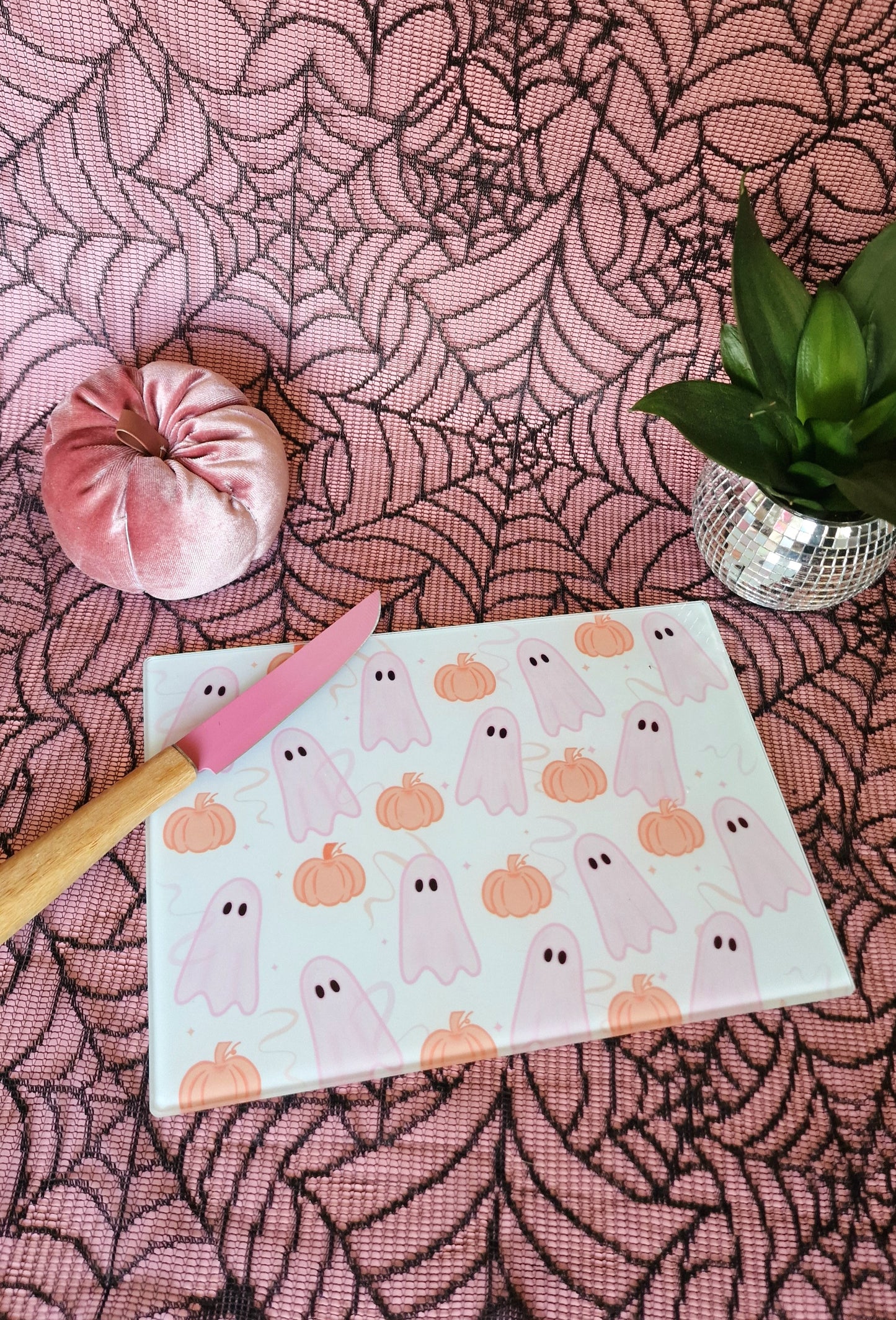 Pink Ghosties & Pumpkin Glass Chopping Board