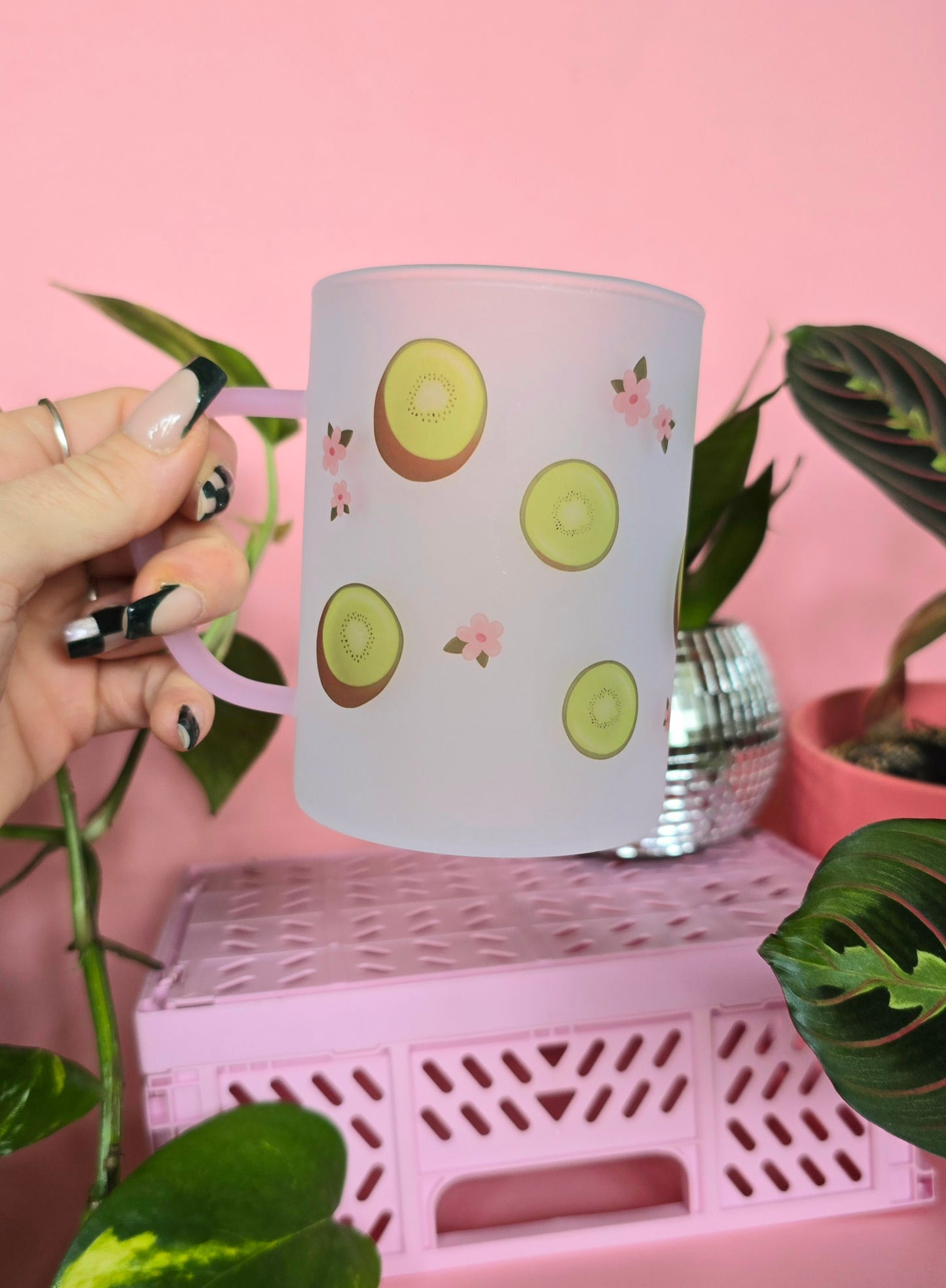 Kiwi & Flowers Cup Mug | Pink Handled Frosted Glass Mug