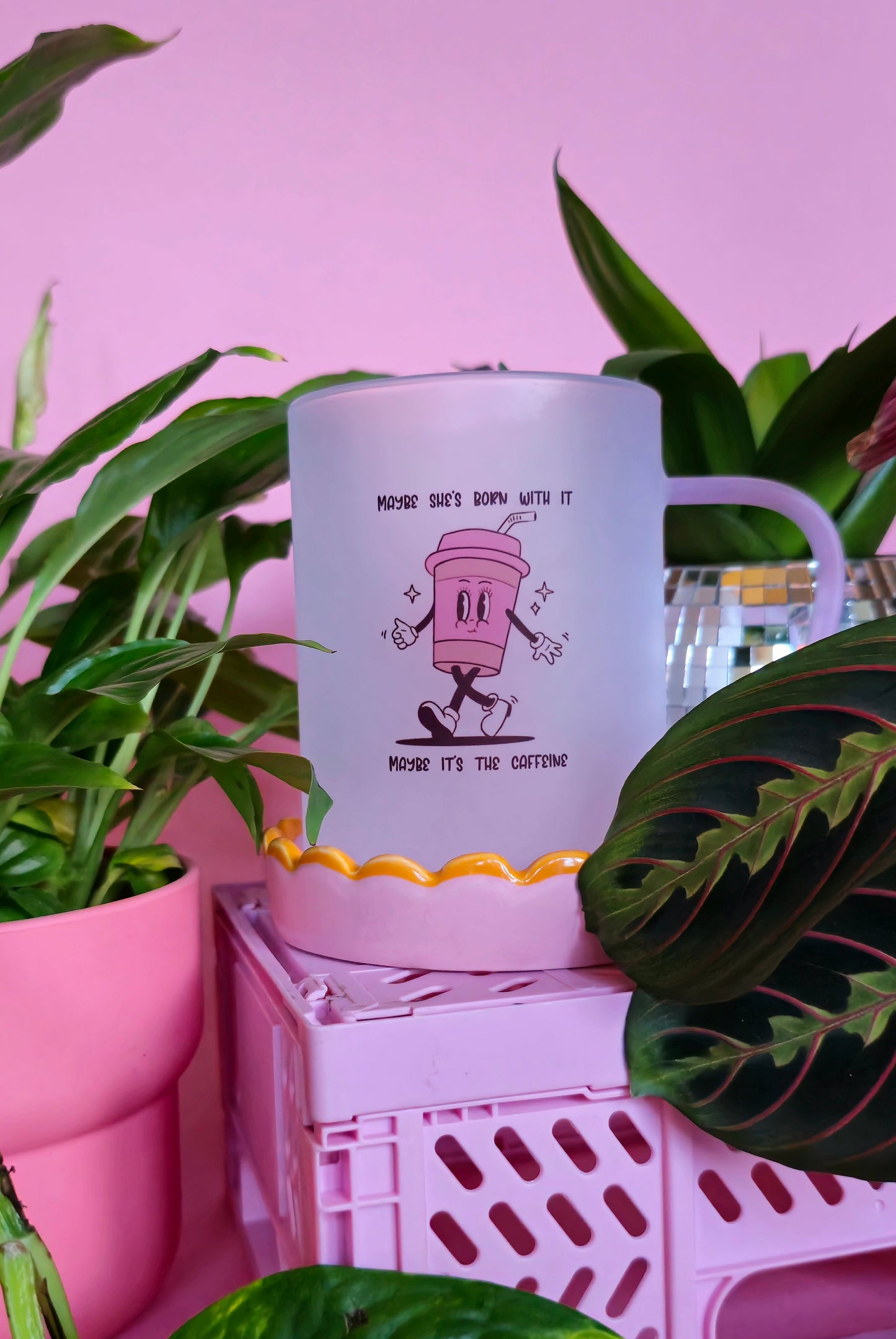 Caffiene Cup Mug | Pink Handled Frosted Glass Mug