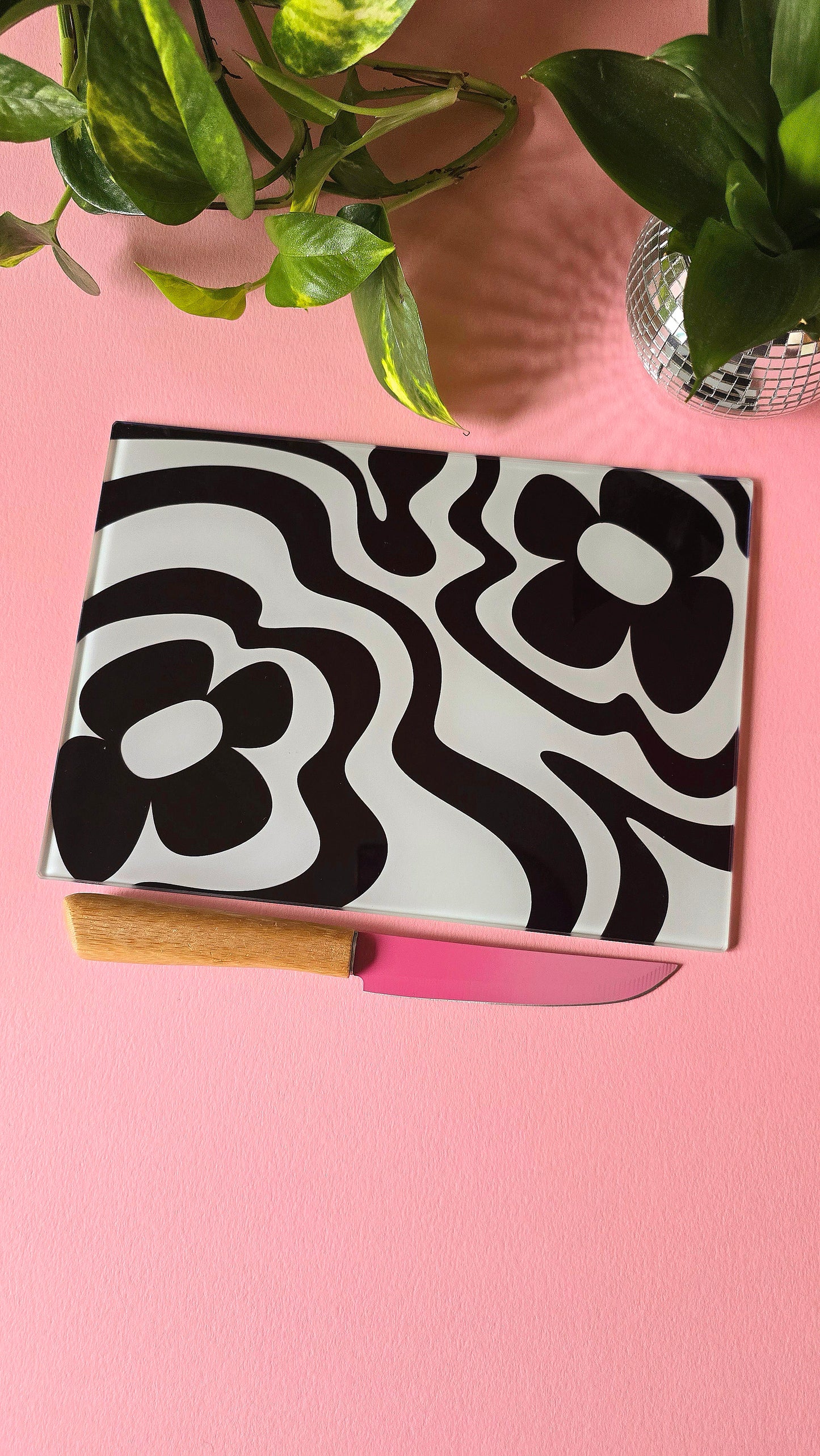 Monochrome Funky Vibey Glass Chopping Board