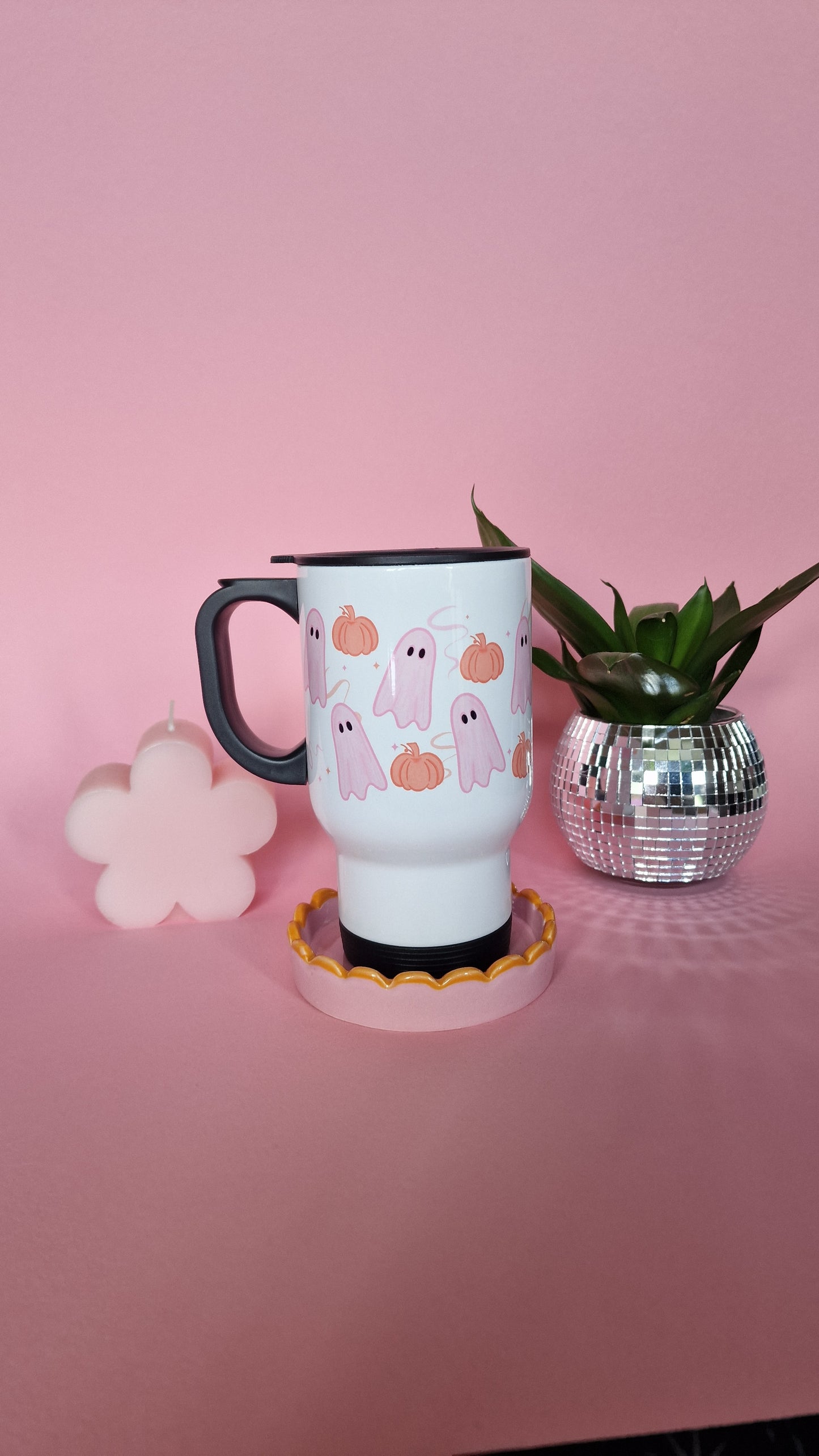 Pink Ghosties & Pumpkins Travel Mug